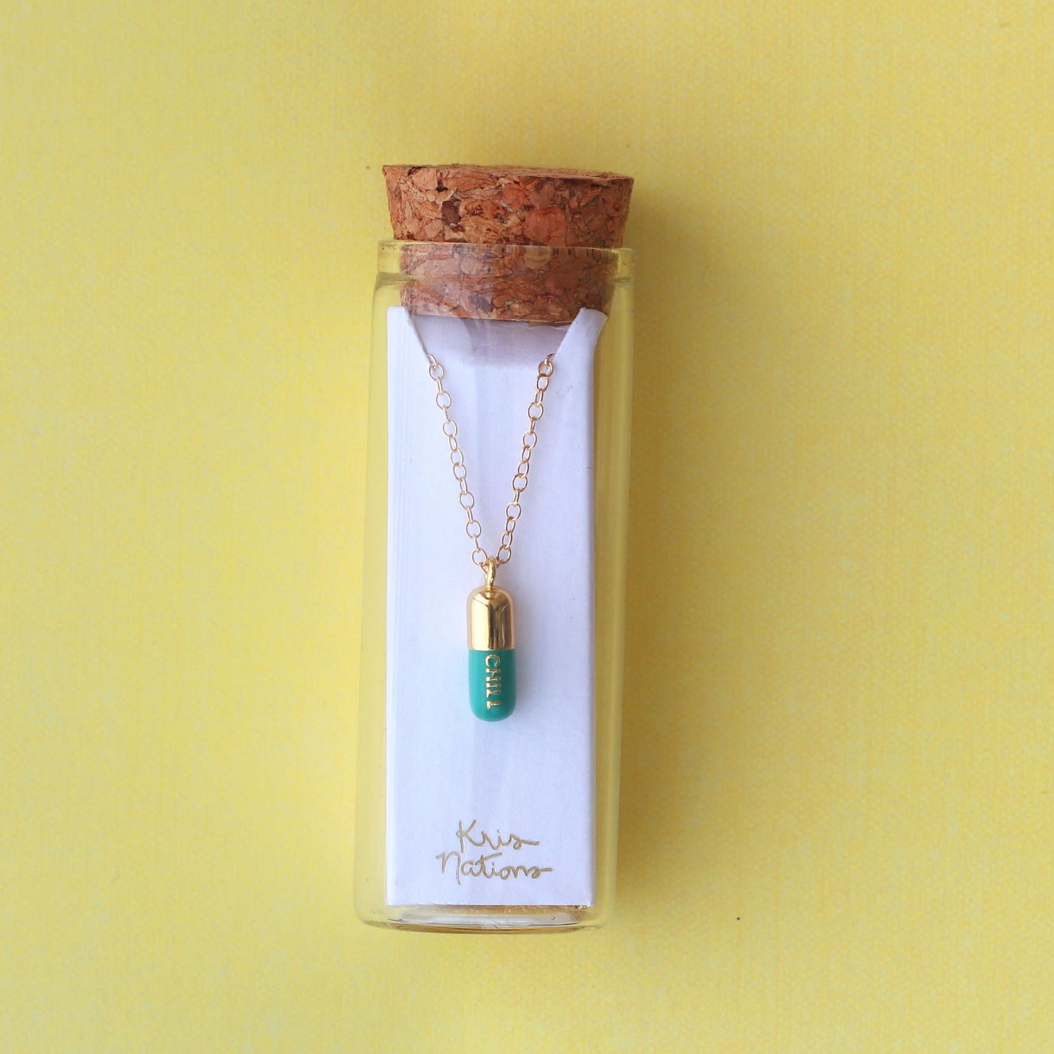 Chill Pill Enamel Necklace Gold Filled, Green Turquoise