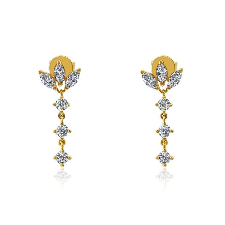 Gold Diamond Lotus Triple Drop Earring
