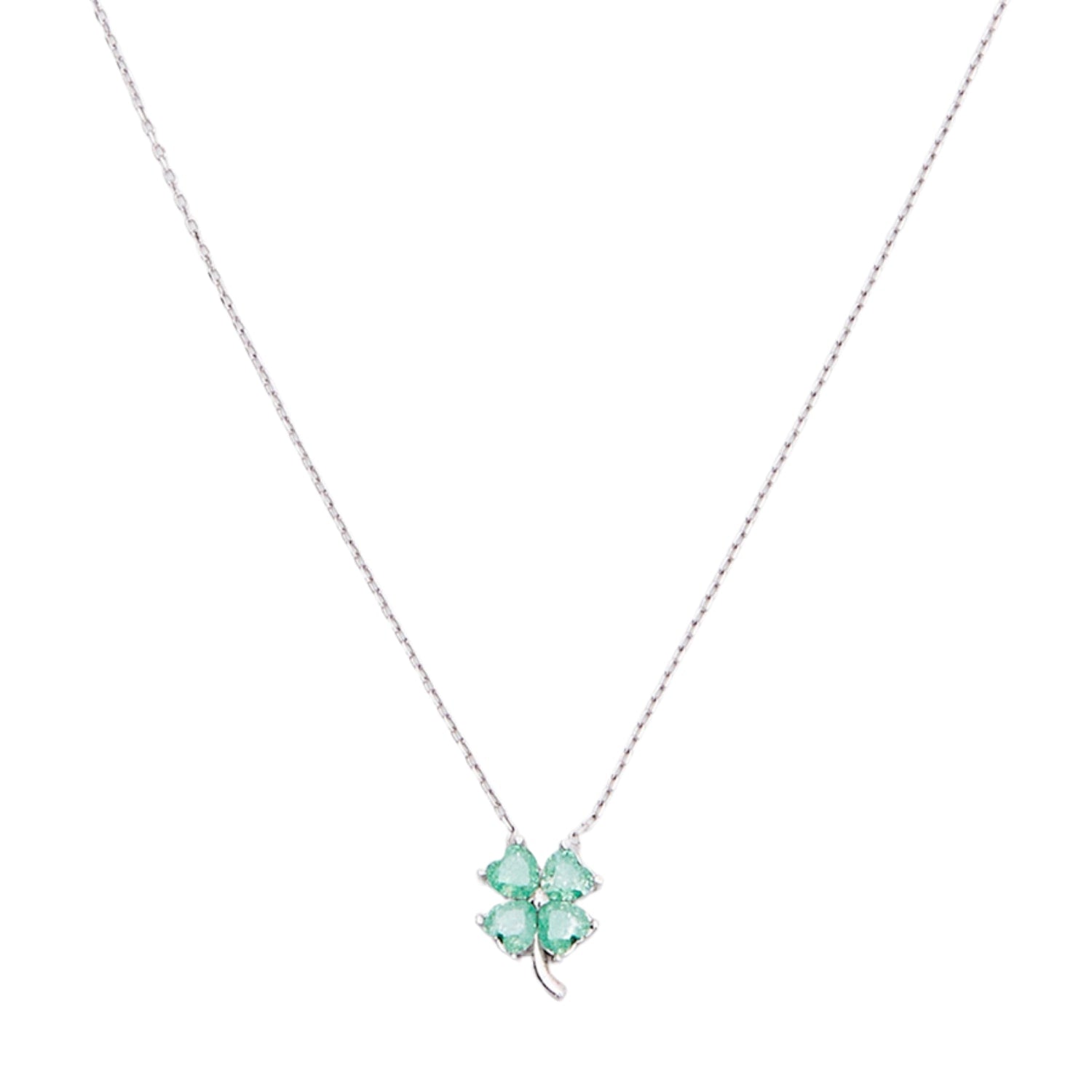 Four Leaf Clover Sterling Silver Necklace - Emerald Color - Silver