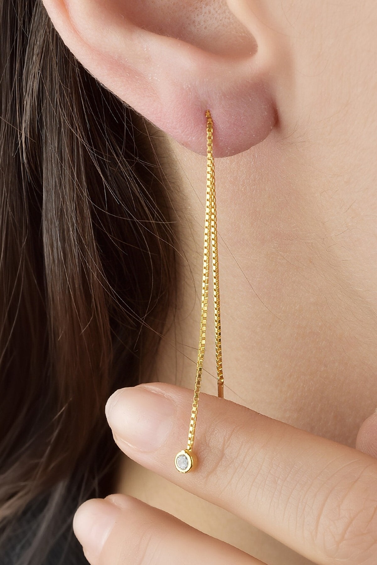 Sterling Silver Chain Solitaire Earring - Gold