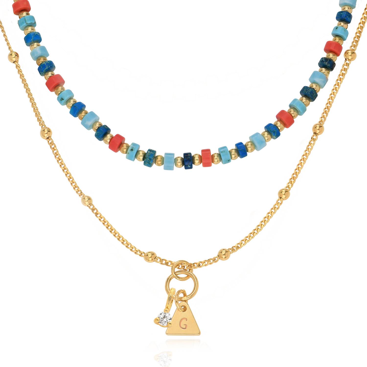 Pacific Layered Beads Necklace with Initials and 0.10CT Diamond in Gold Plating