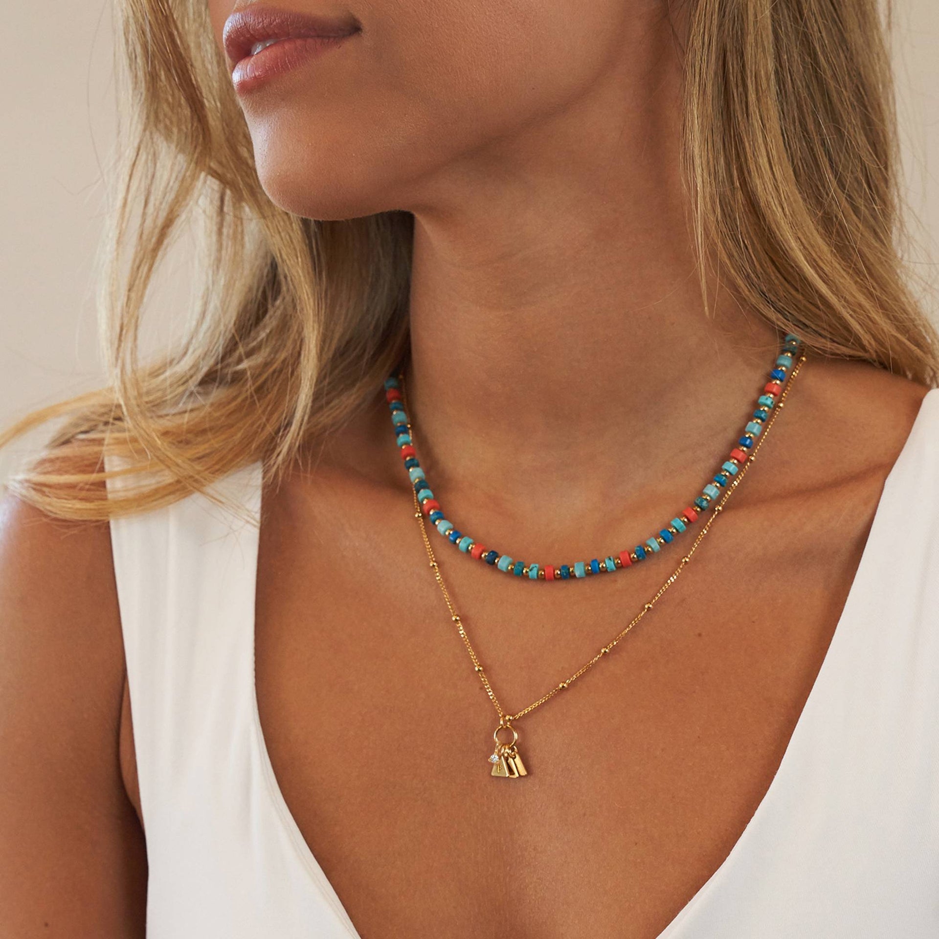 Pacific Layered Beaded Necklace with Initials and 0.10CT Diamonds in Gold Plating