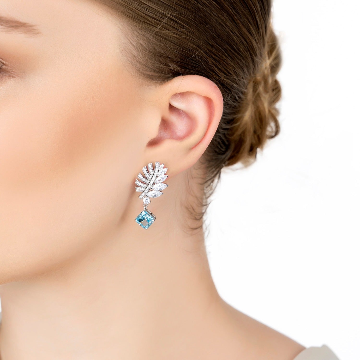 Palm Leaf Blue Topaz Drop Earrings Silver
