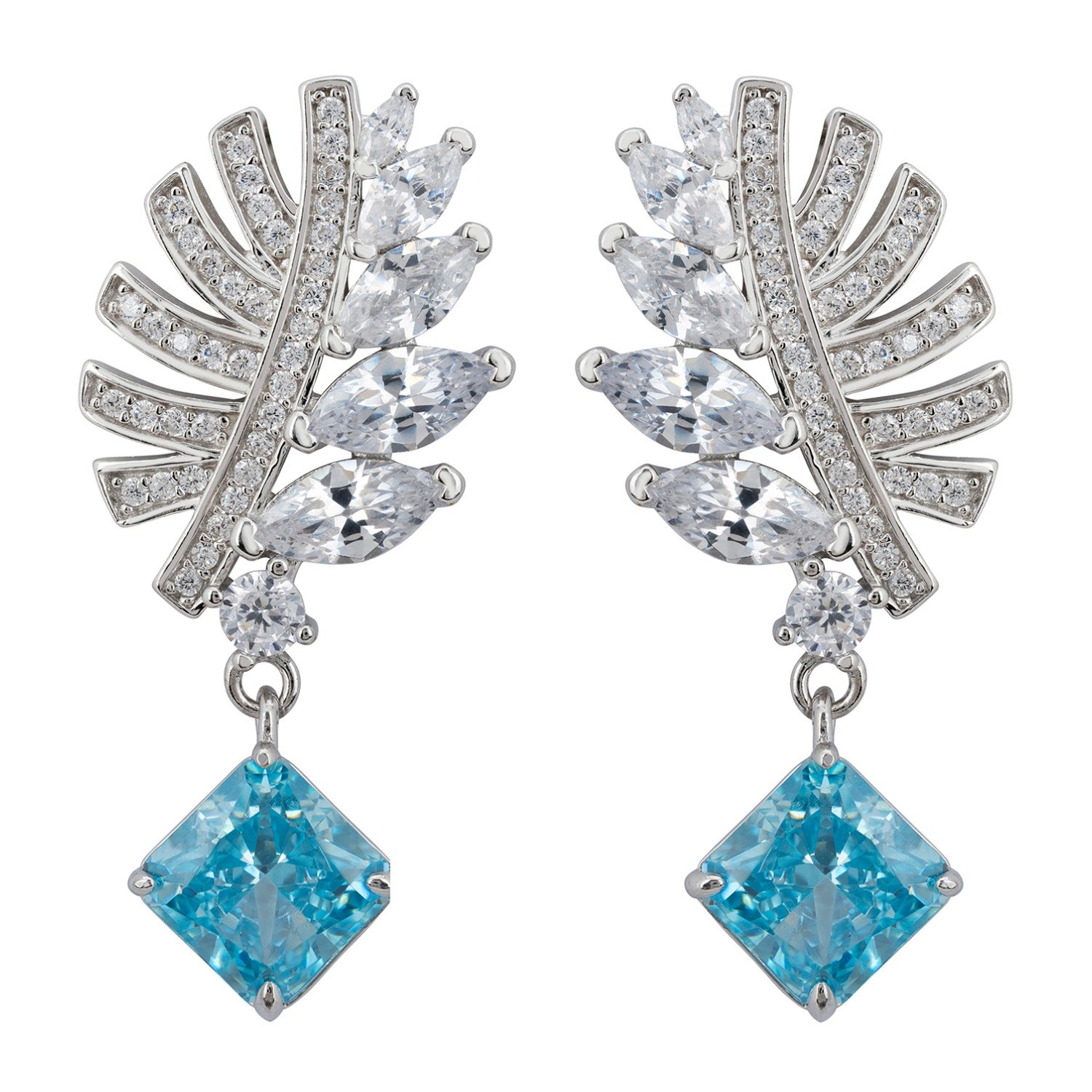 Palm Leaf Blue Topaz Drop Earrings Silver