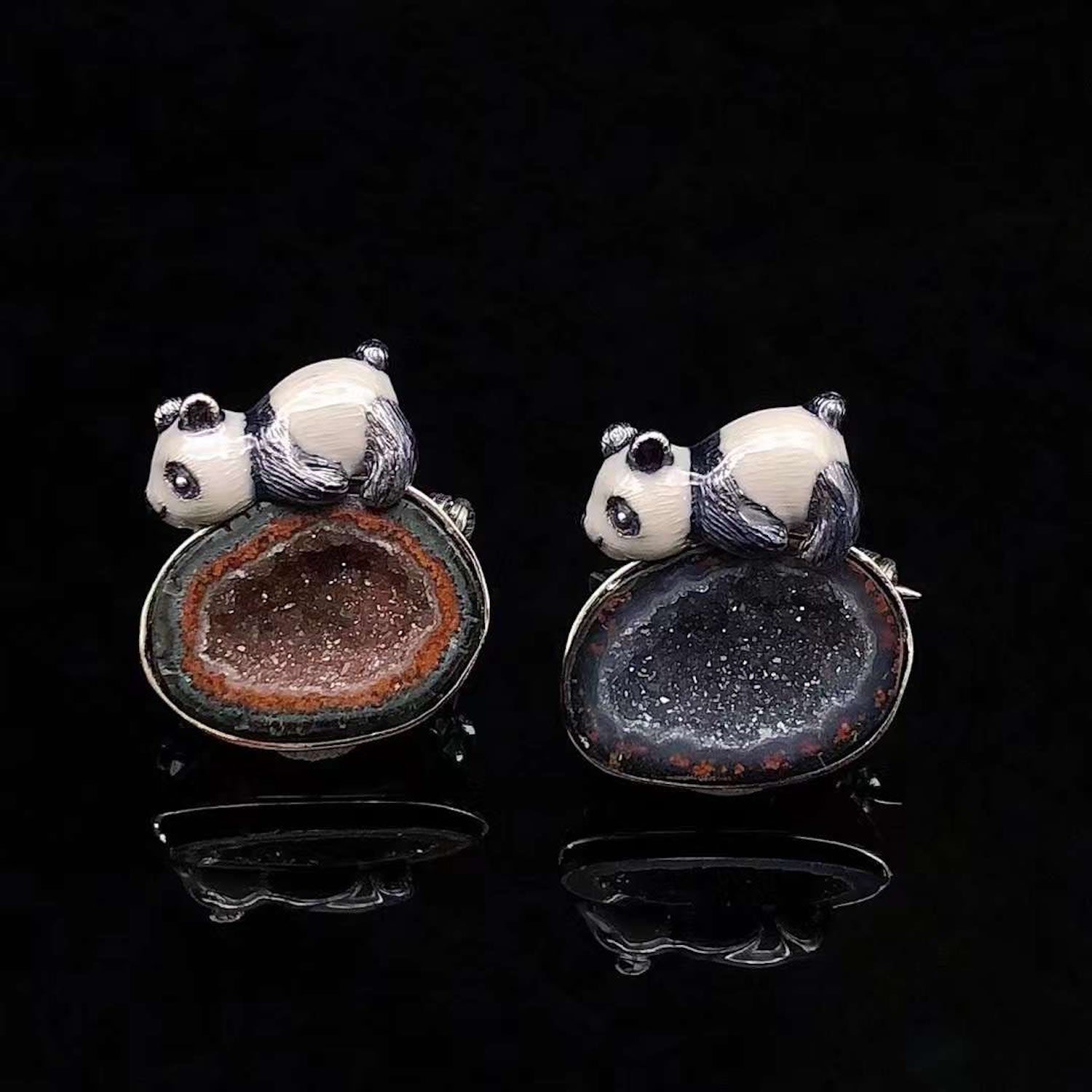 Panda Natural Agate Enamel Pendant / Brooch