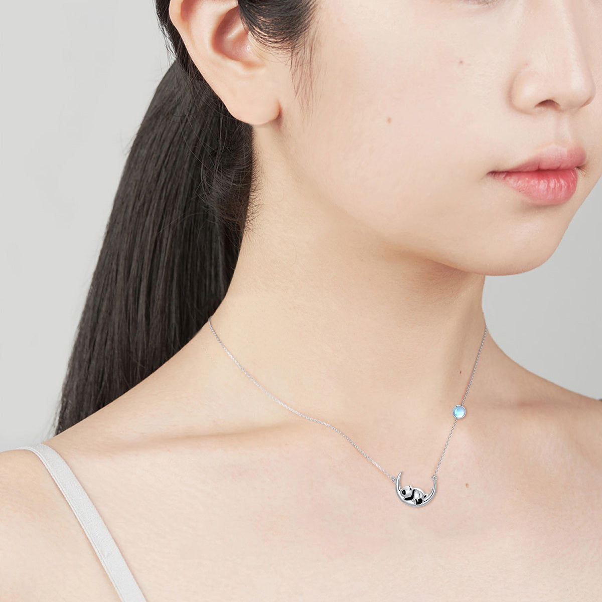 Sterling Silver Moonstone Panda & Moon Pendant Necklace