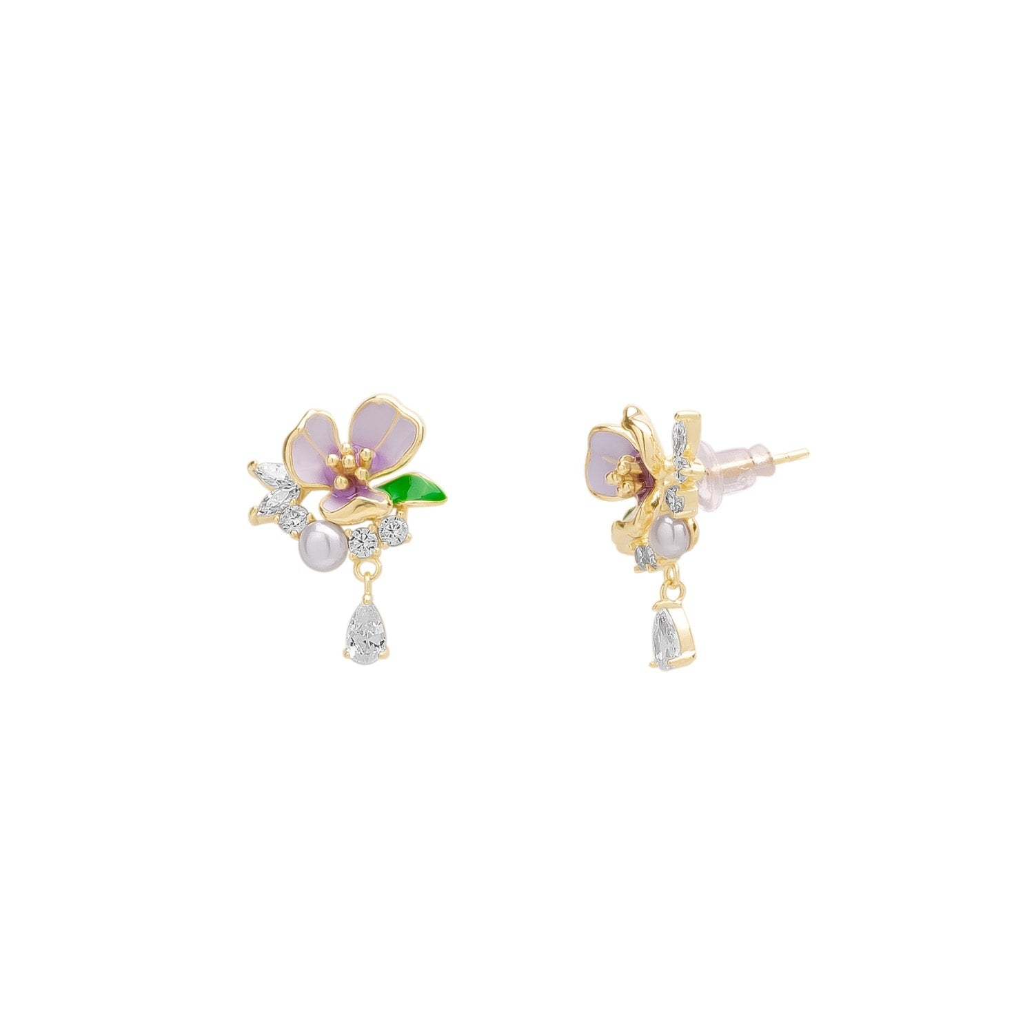 Pansy Violet Floral Earring In Sterling Silver - Gold