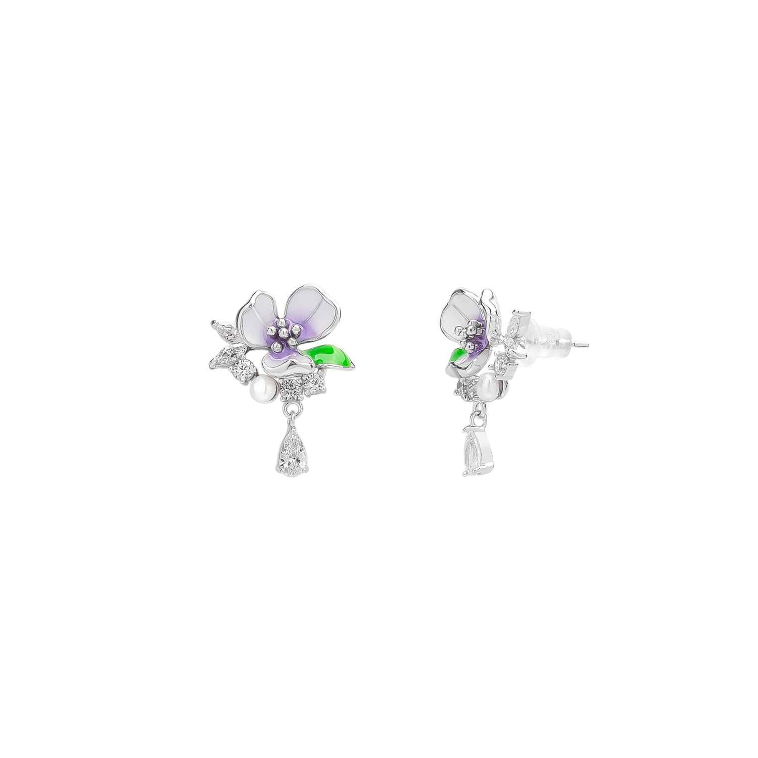 Pansy Violet Floral Earring In Sterling Silver - Silver