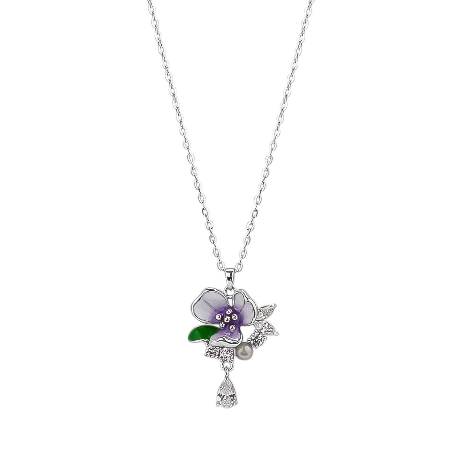 Pansy Violet Floral Necklace In Sterling Silver - Silver