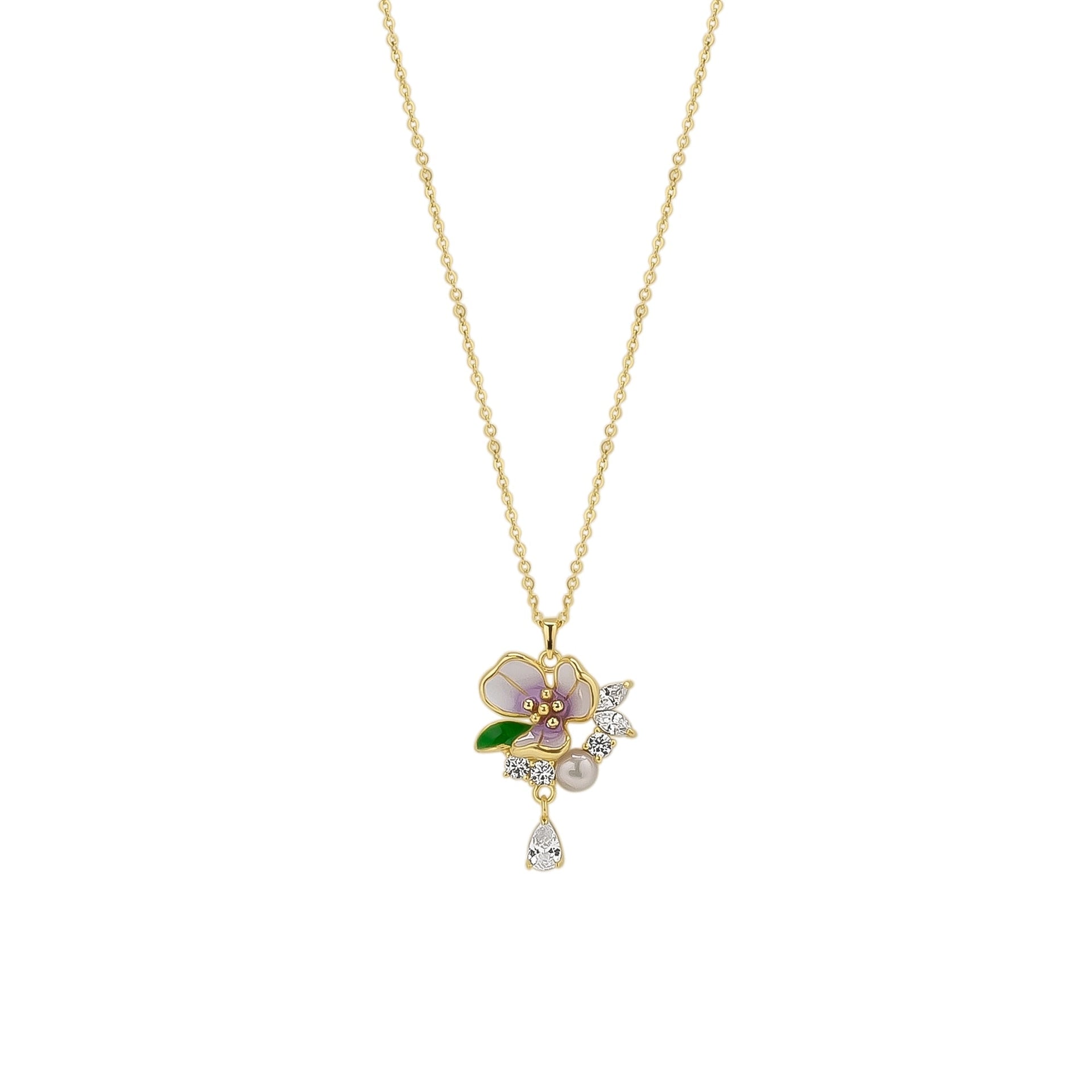 Pansy Violet Floral Necklace In Sterling Silver - Gold