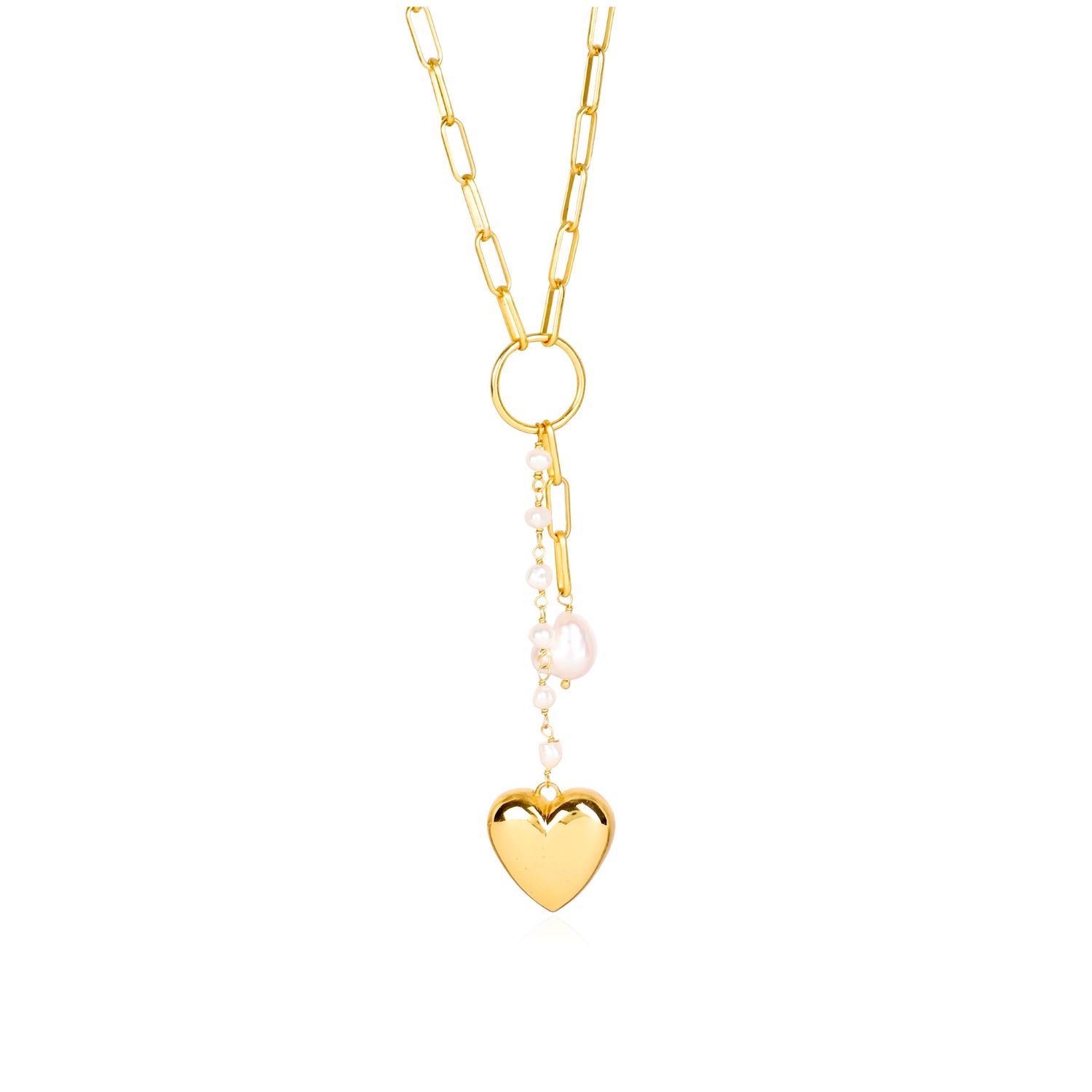 Paperclip Pearl & Heart Drop Necklace