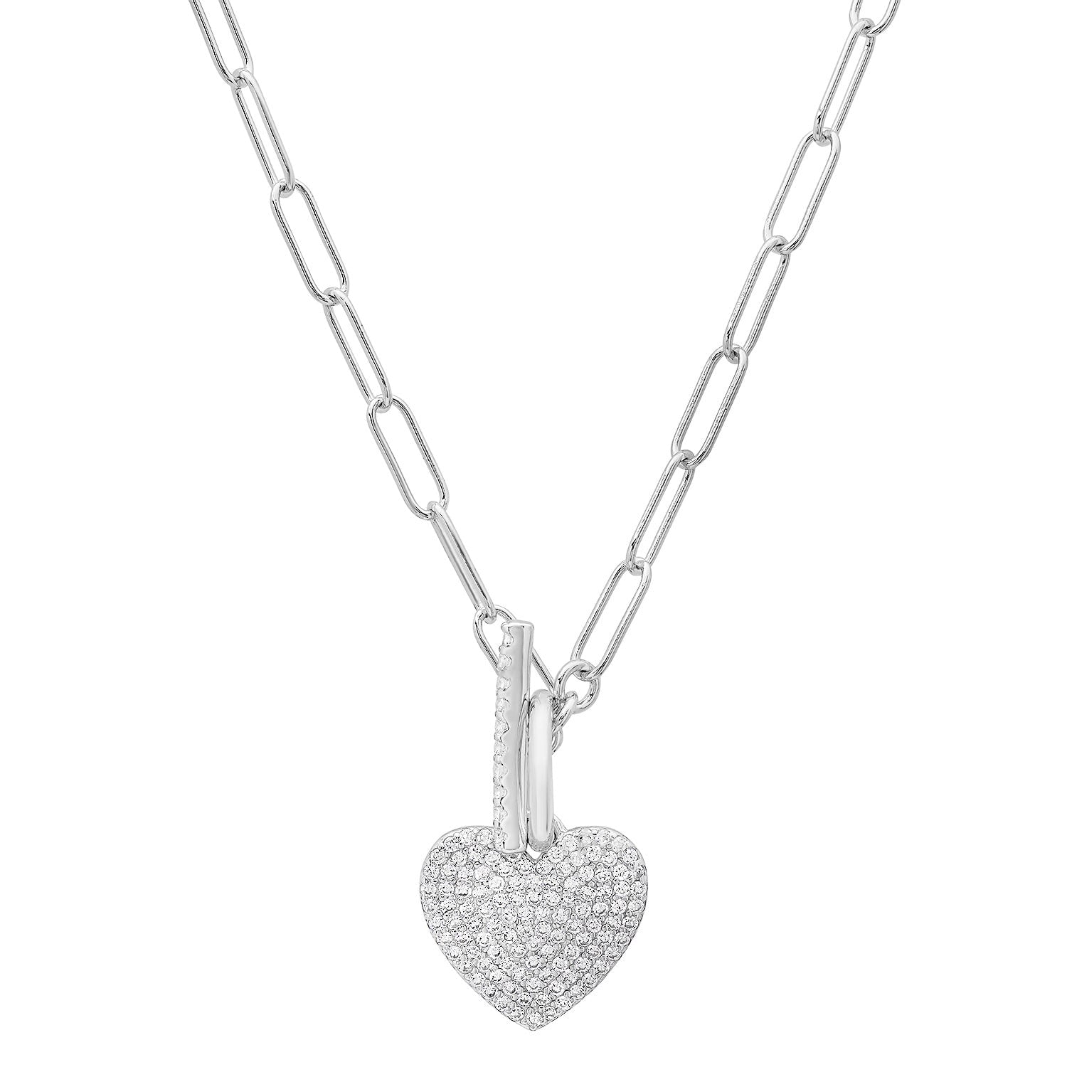 Paperclip Toggle Heart Diamond Necklace In Sterling Silver