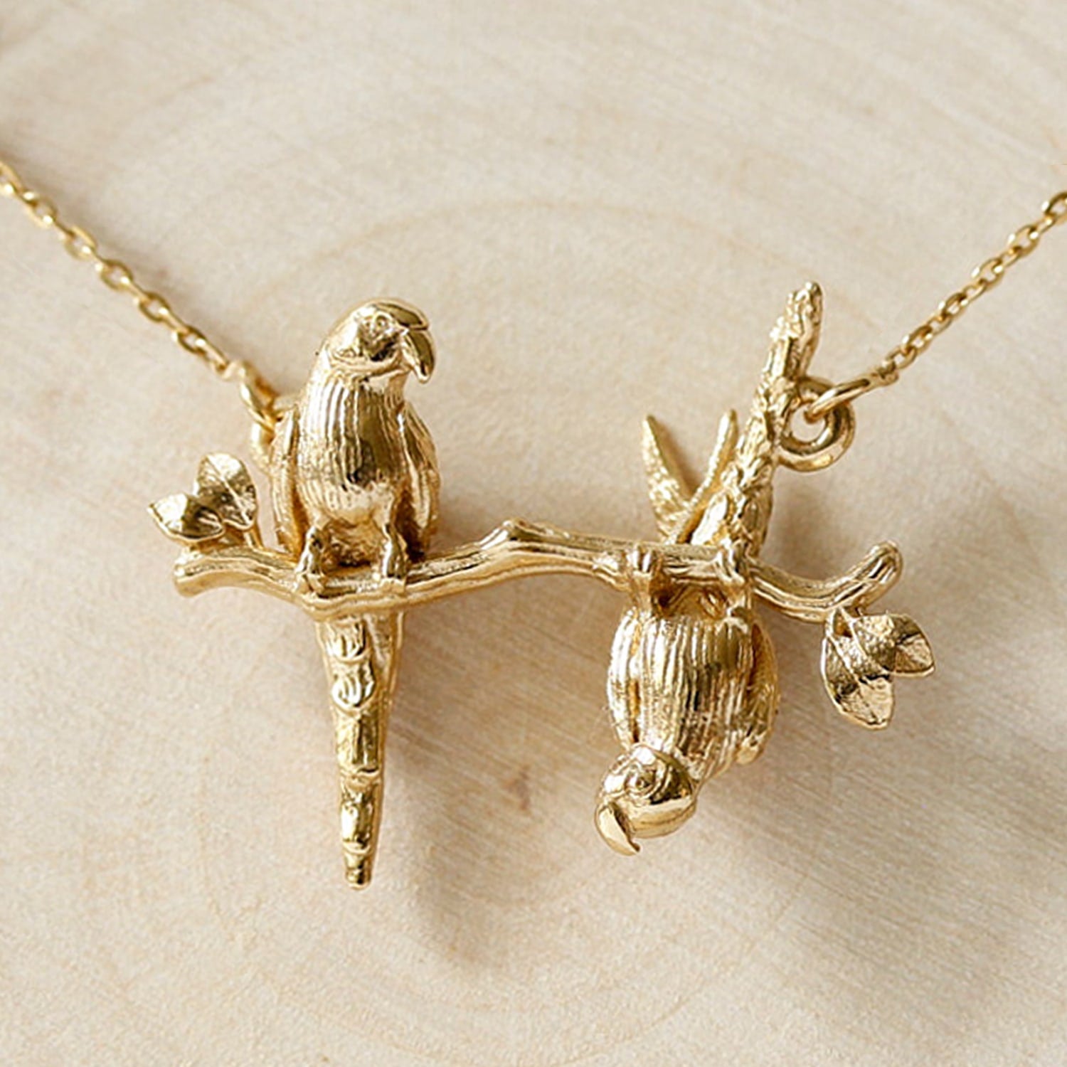 Parakeet Necklace – Two Friends On A Branch – Gold