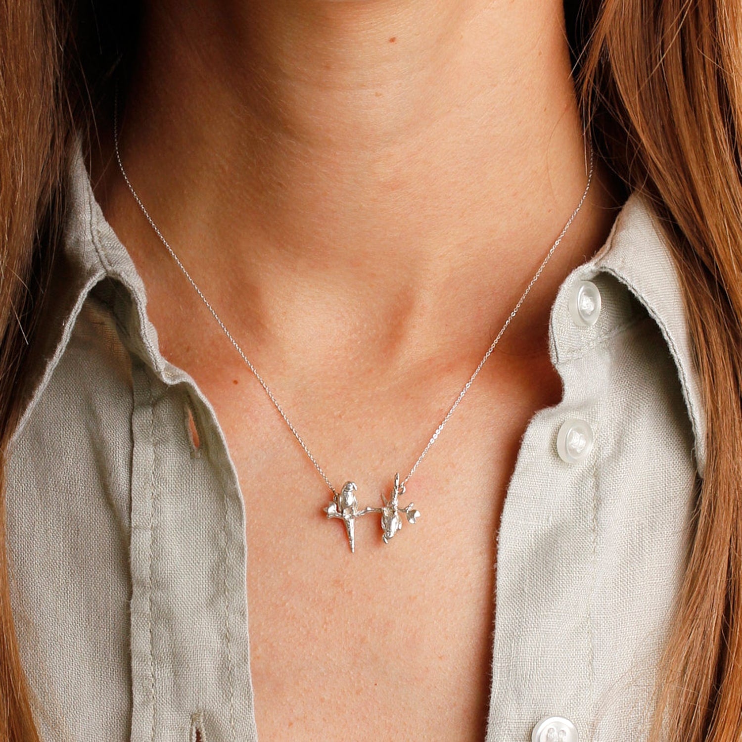 Parakeet Necklace – Two Friends On A Branch – Silver