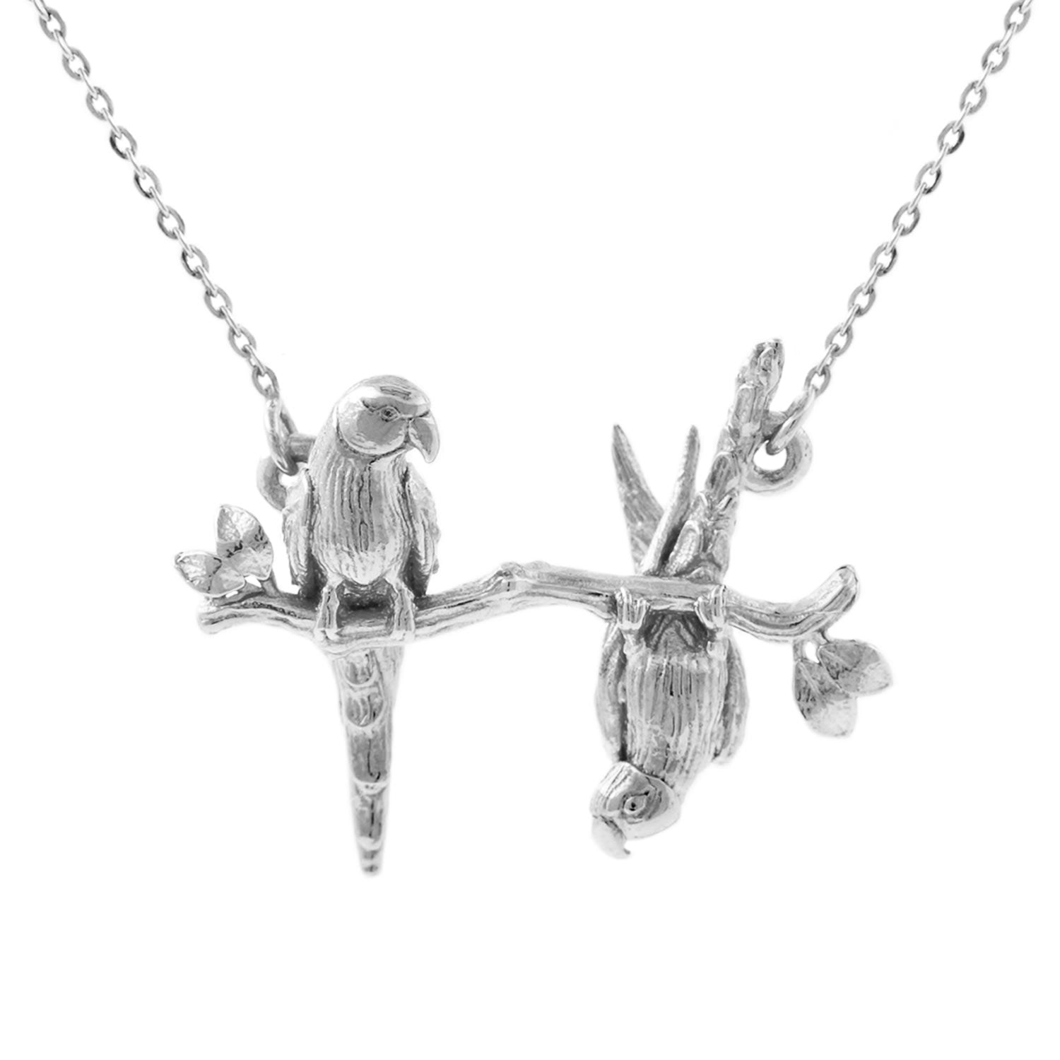 Parakeet Necklace – Two Friends On A Branch – Silver