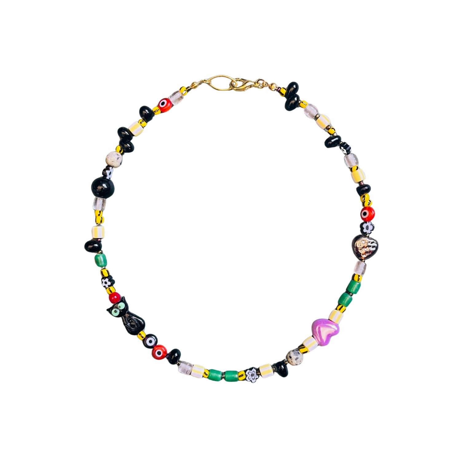 Paspas Cat Necklace – Beaded Necklace With Murano Glass Black Cat Charm, Evil Eye Beads & Colorful Accents
