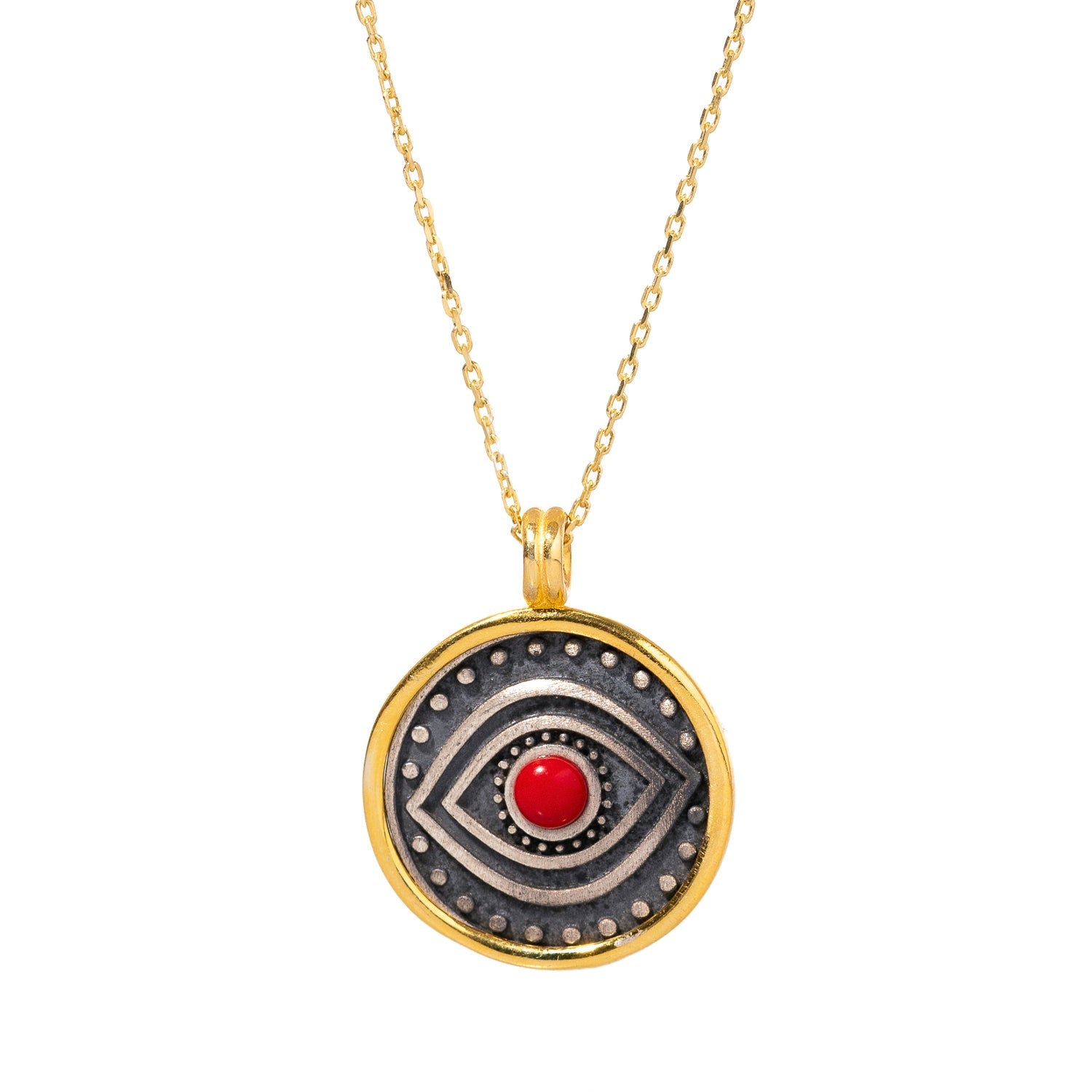 Red Coral & Sterling Silver Evil Eye Pendant Gold Necklace - Red