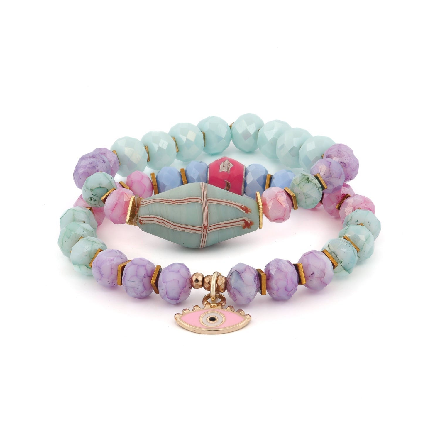 Pastel Colors Beaded Evil Eye Pendant Spring Bracelet Set - Multicolour