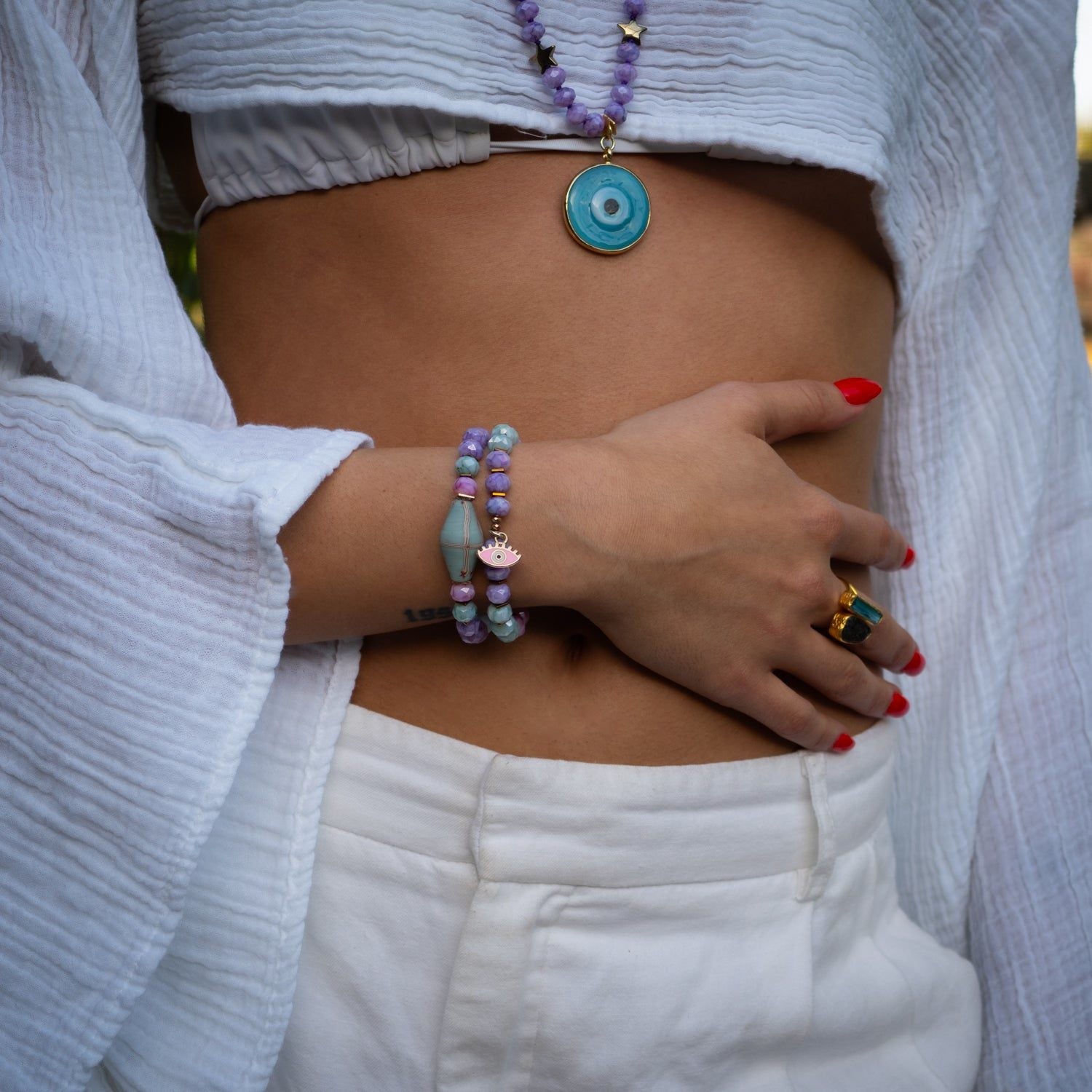 Pastel Colors Beaded Evil Eye Pendant Spring Bracelet Set - Multicolour