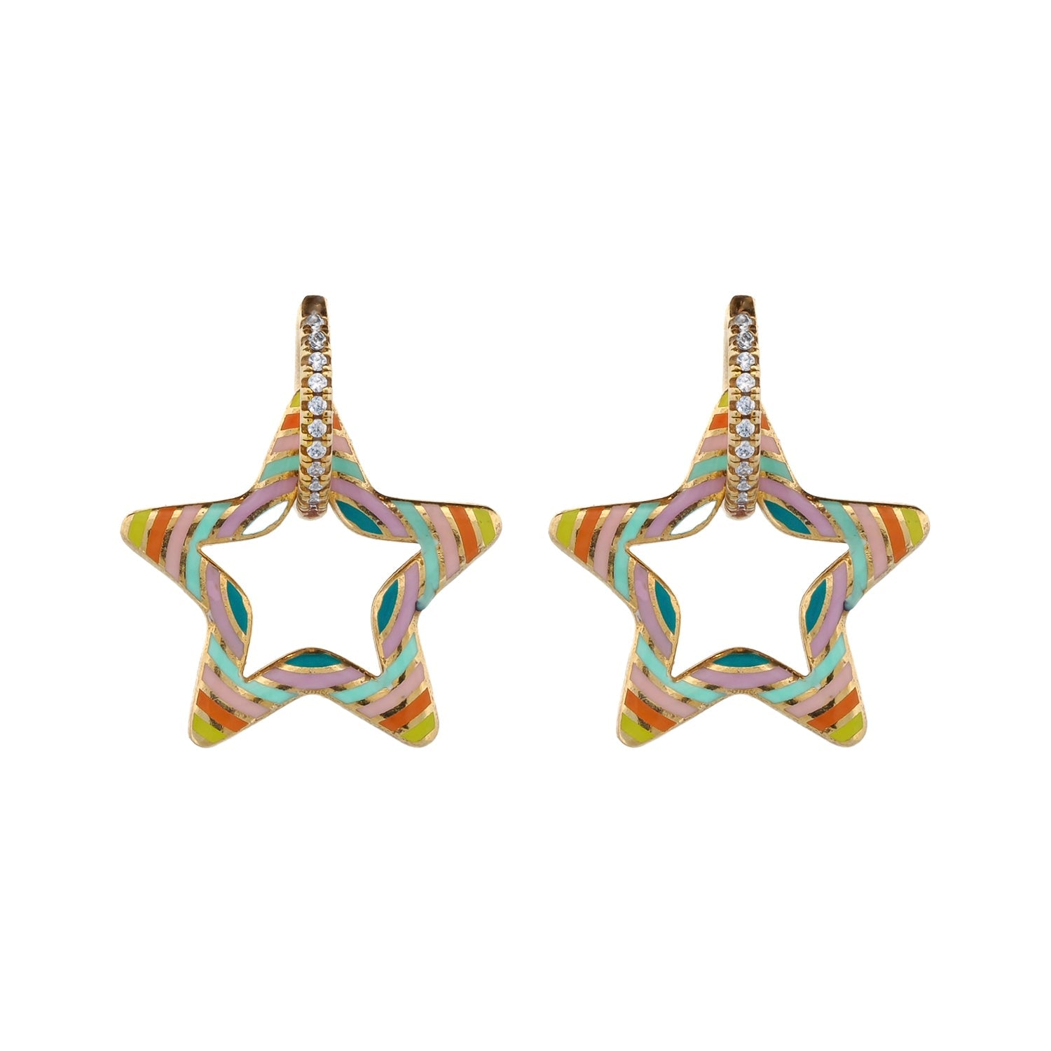 Pastel Colors Star Diamond Hoop Gold Earrings - Gold