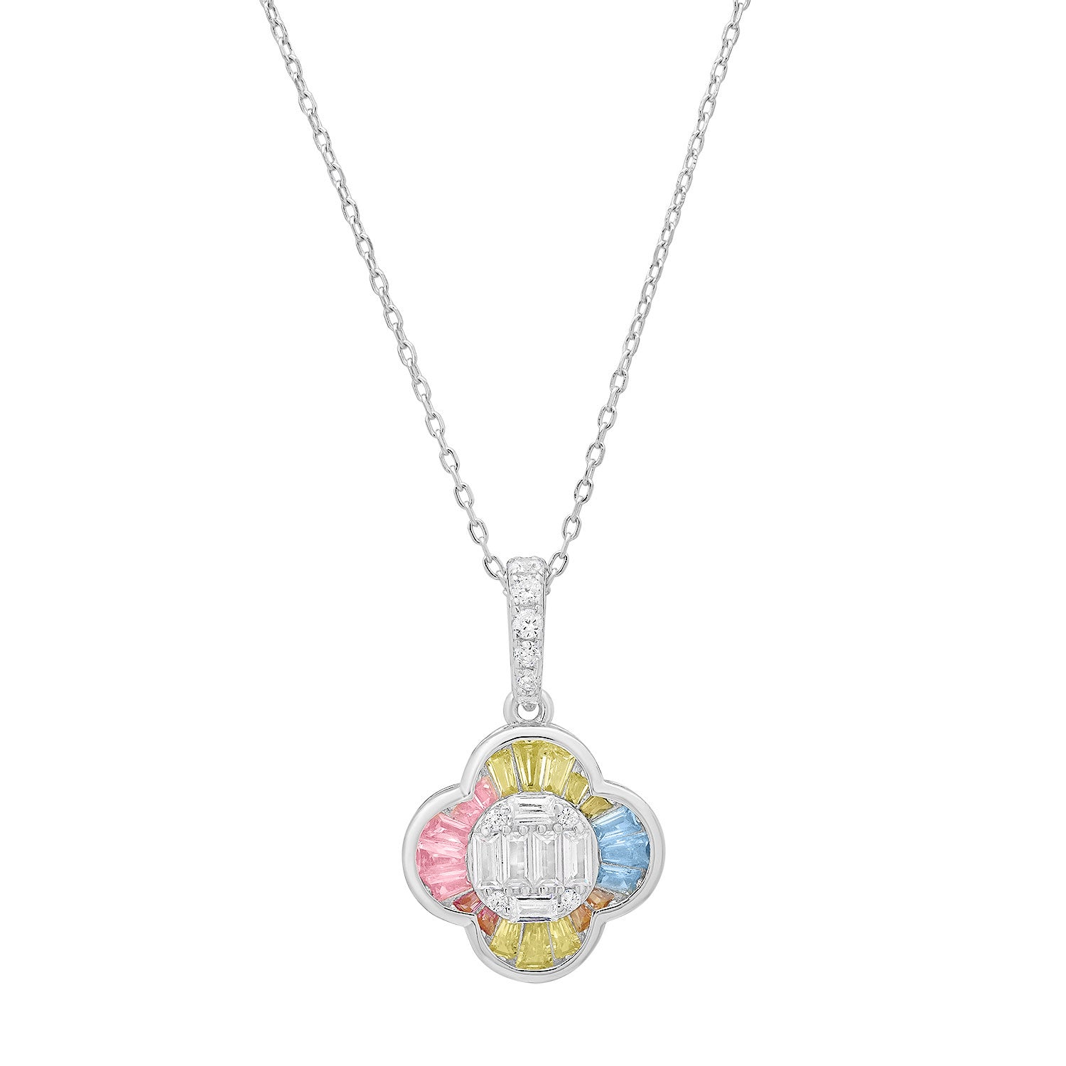 Pastel Multi-Color Sapphire Clover Necklace In Sterling Silver