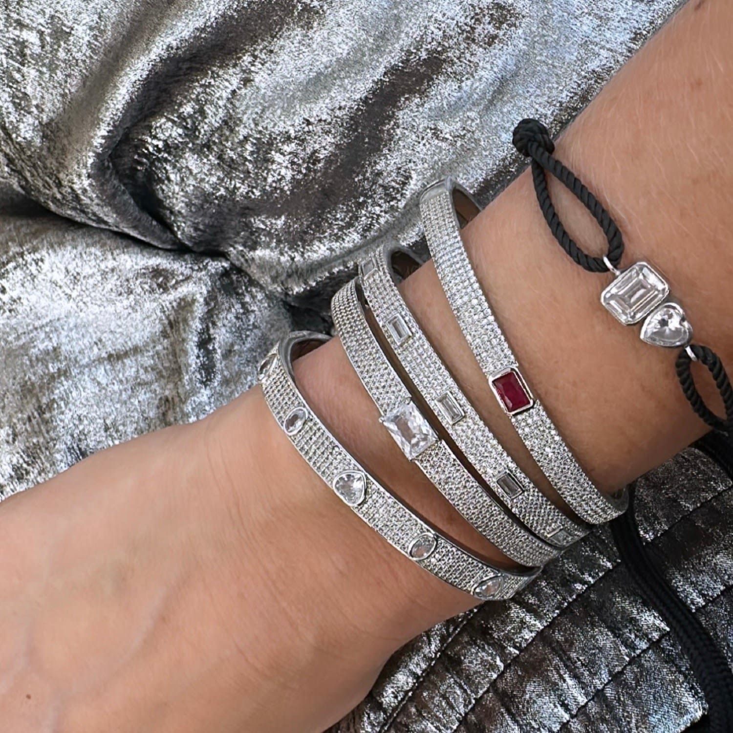 Cord Bracelet - Black & Silver One Heart & One Emerald Stone