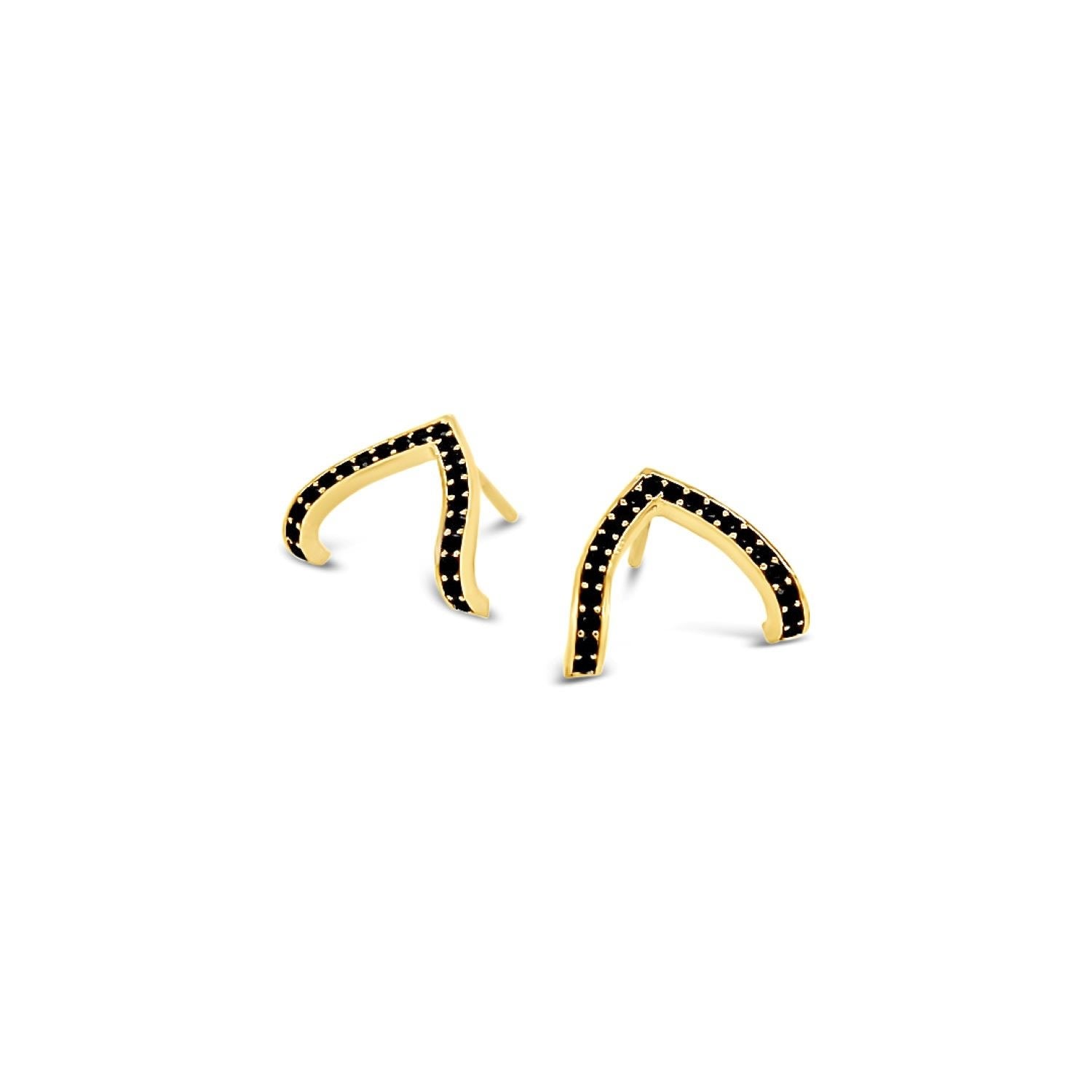 Pave Black Cz Wishbone Studs - Gold
