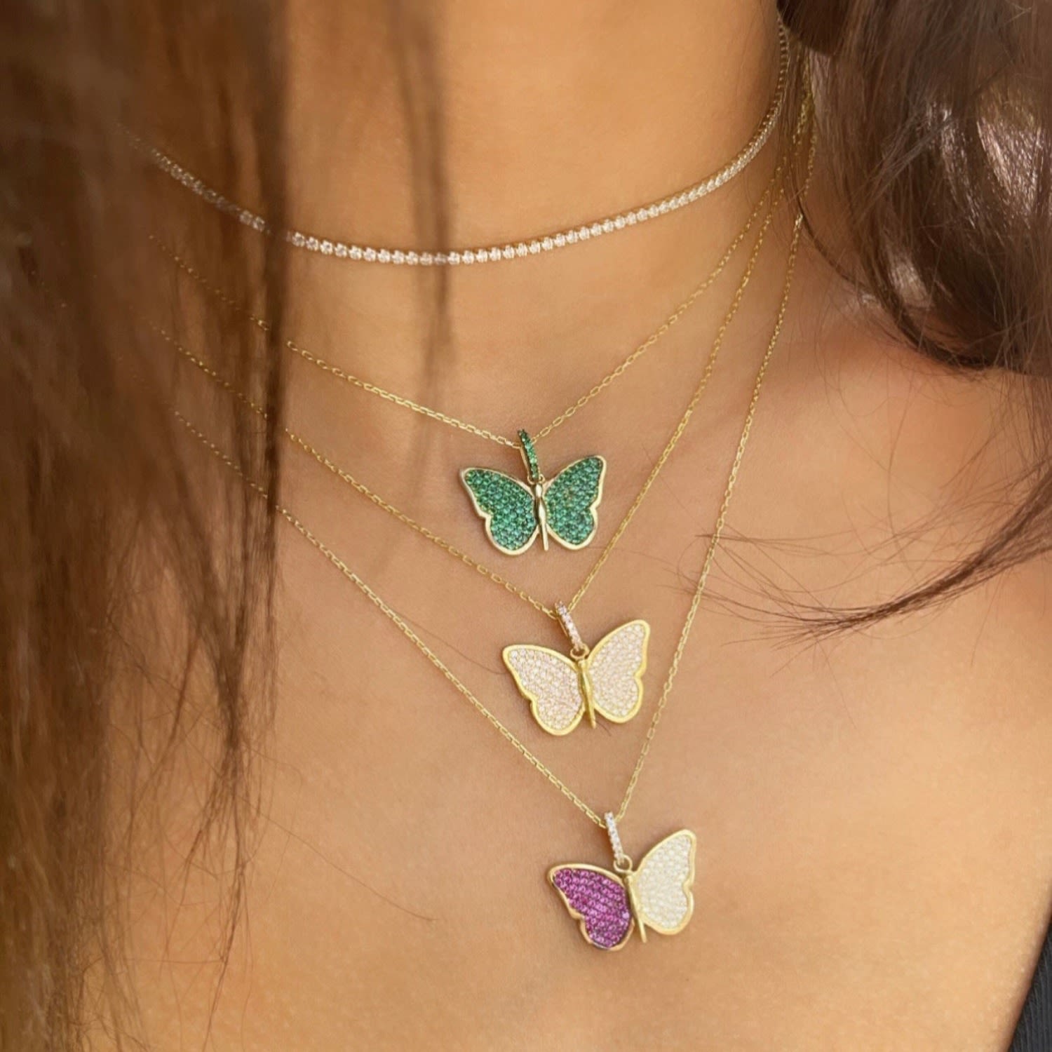 Pave Butterfly Necklace - Gold & Green