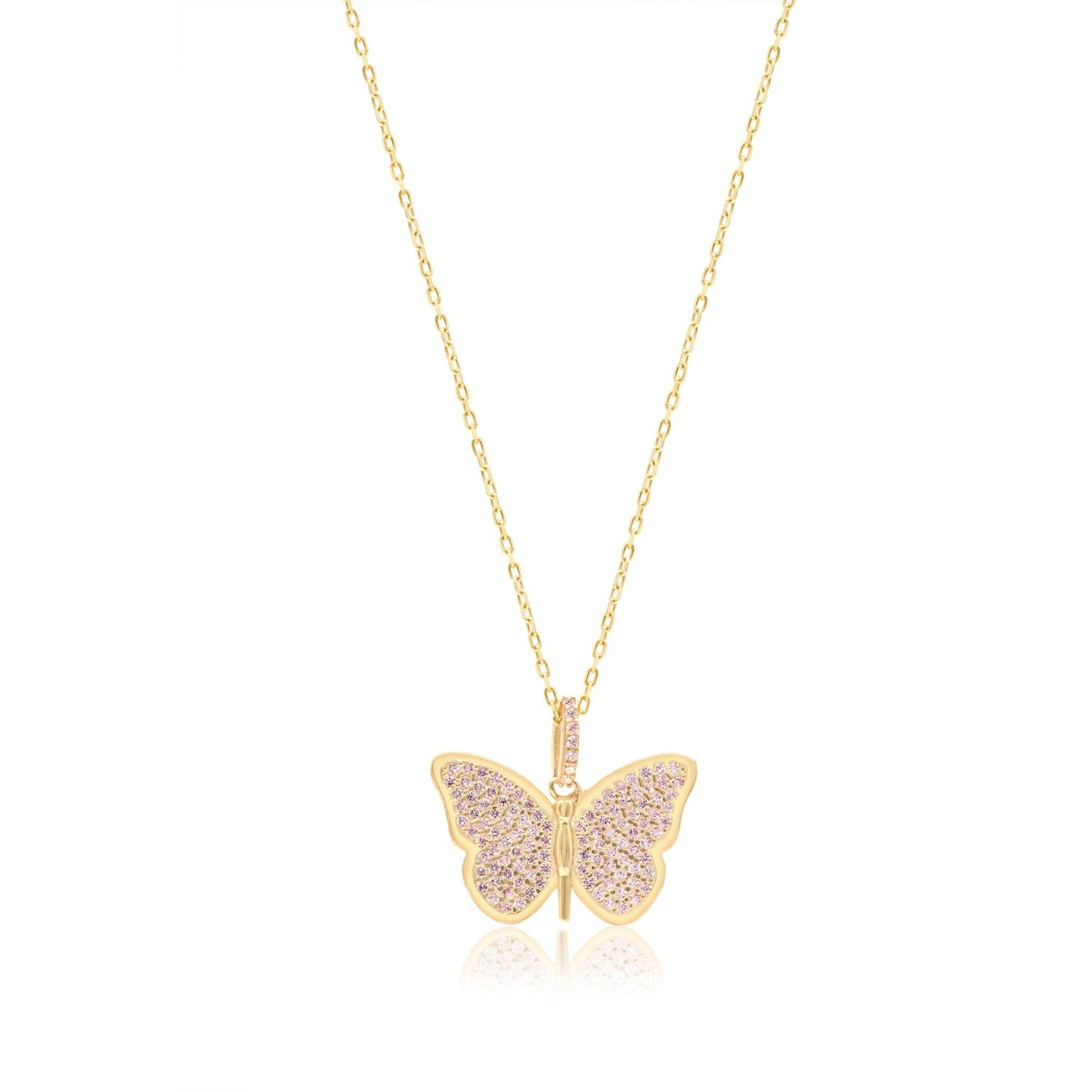 Pave Butterfly Necklace - Gold & Pink