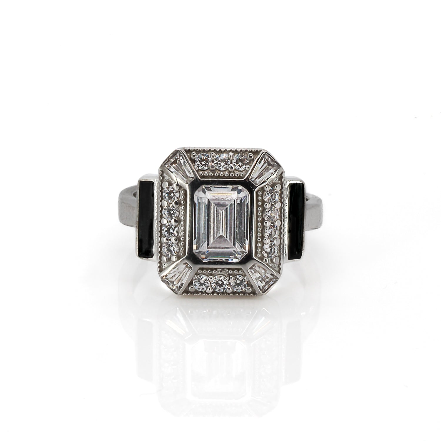 Pave Diamond & Black Enamel Sterling Silver Design Ring - Black