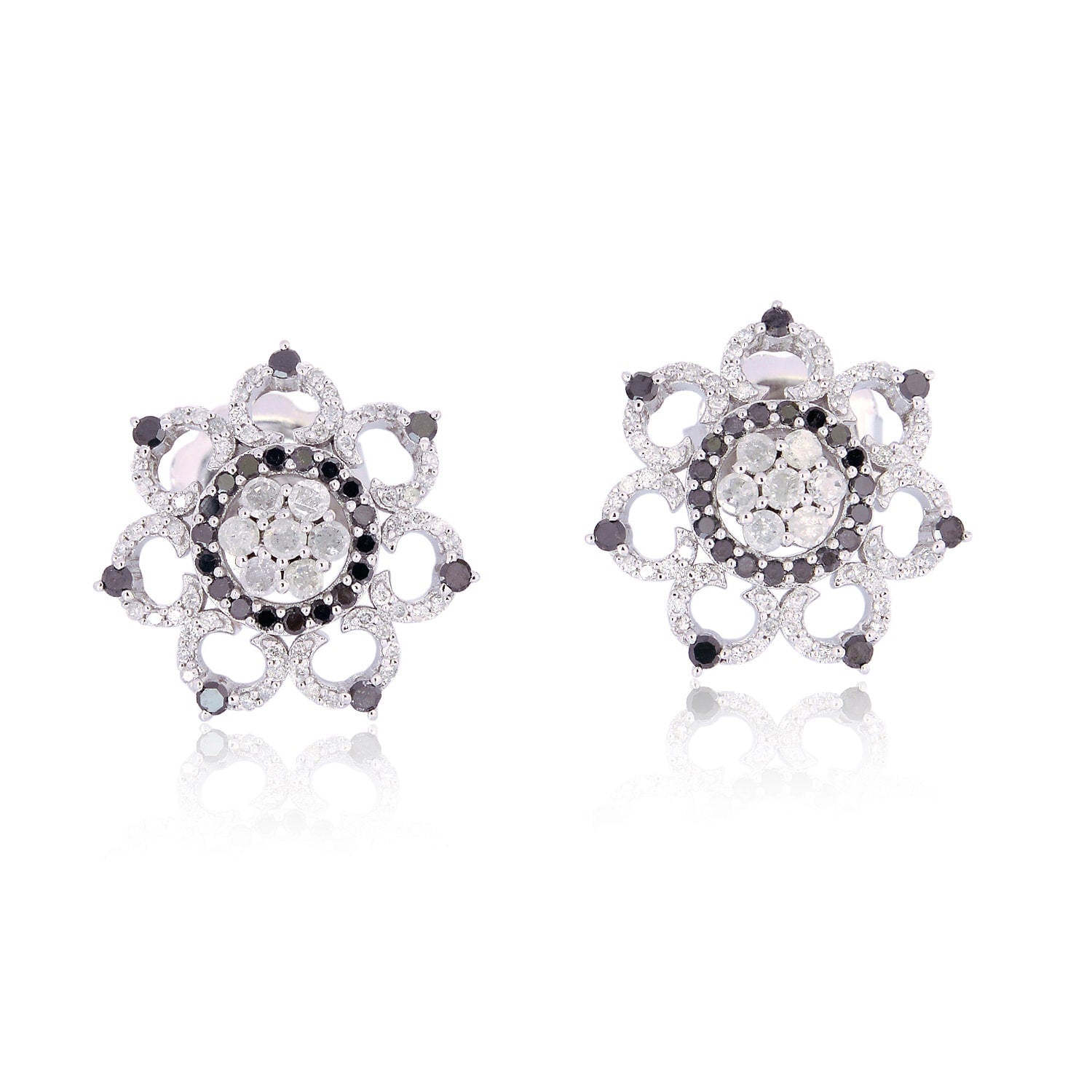 Pave Diamond Flower Earrings In White Gold – Black & White Diamond Studs