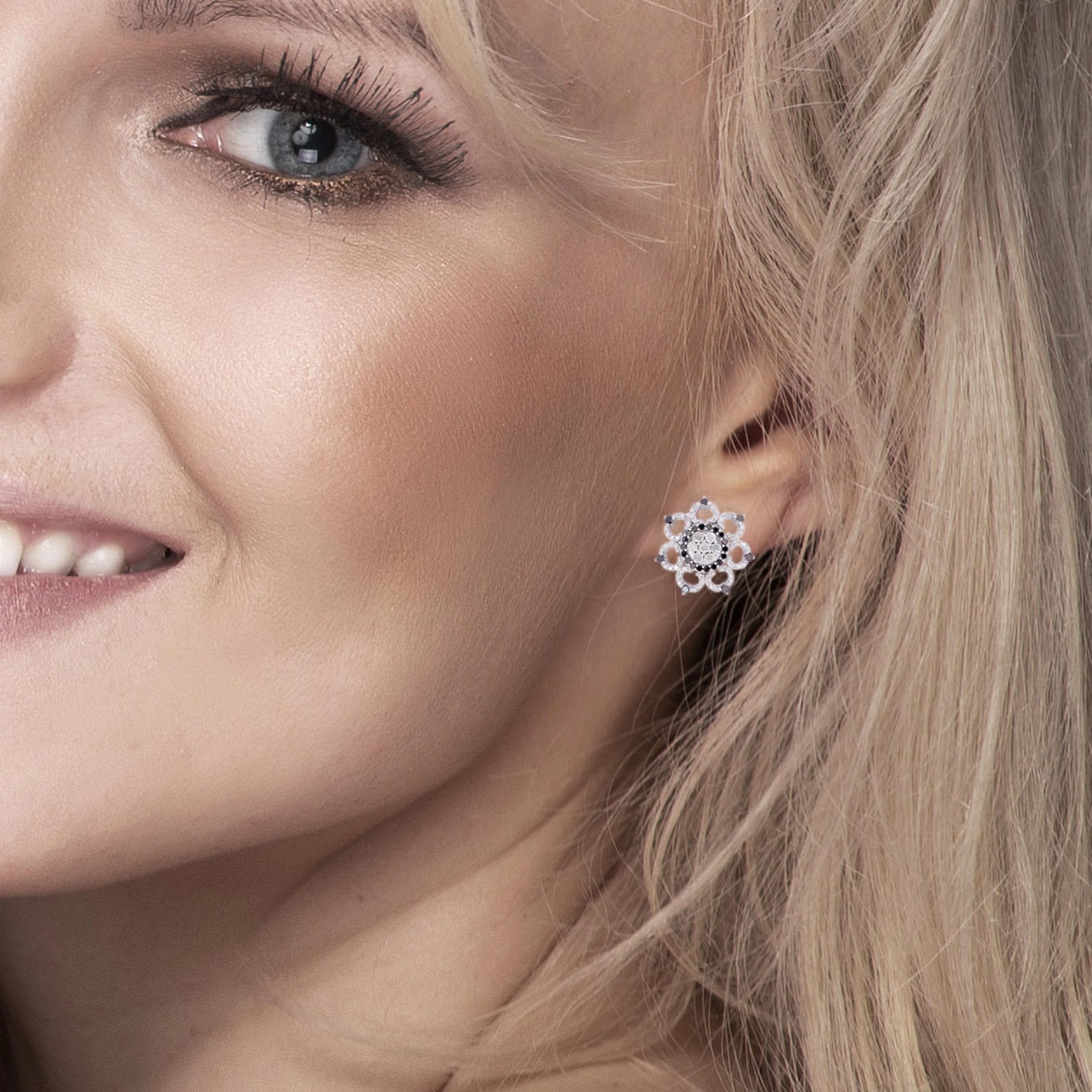 Pave Diamond Flower Earrings In White Gold – Black & White Diamond Studs