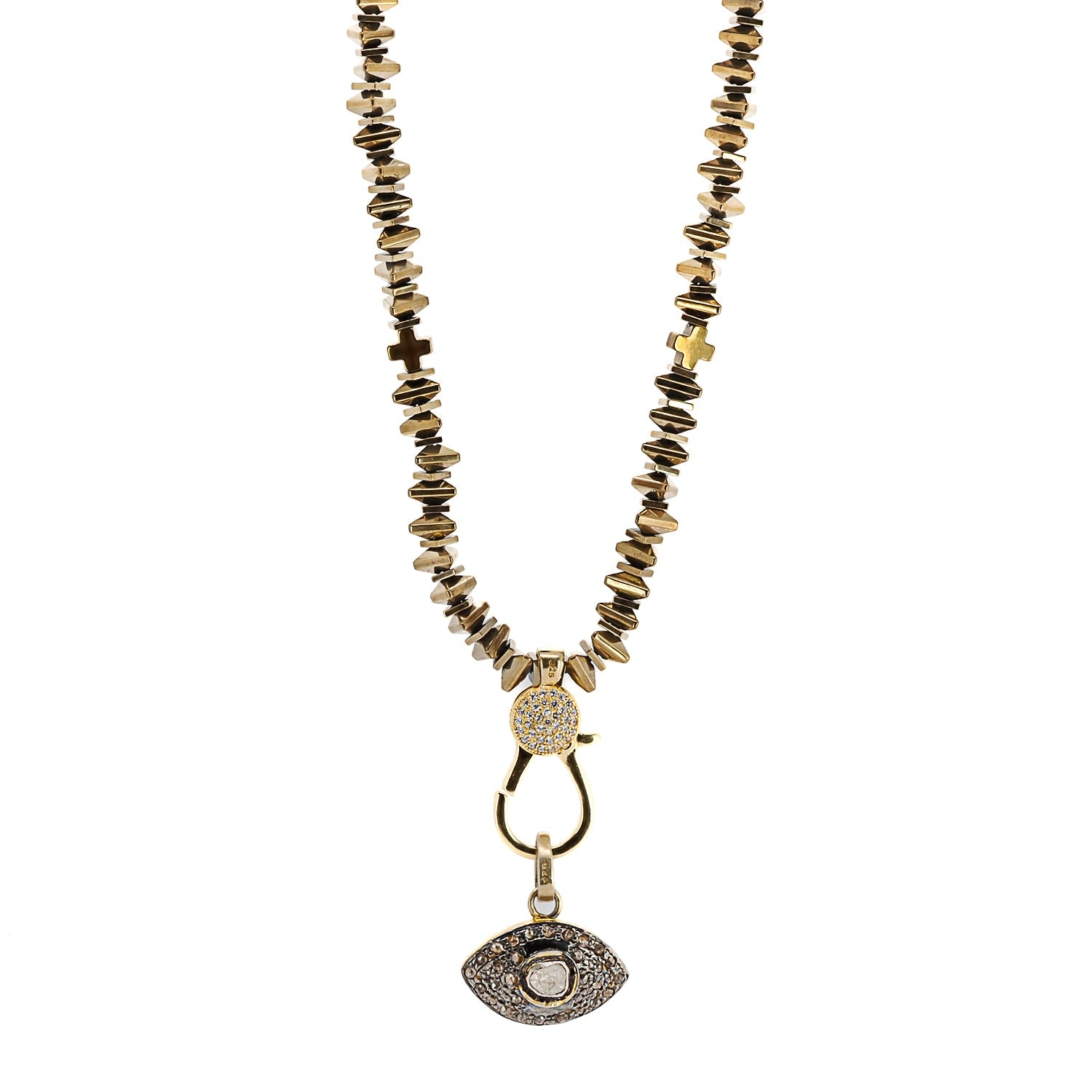 Pave Diamond Evil Eye Pendant Gold Hematite Stone Unique Beaded Necklace - Gold