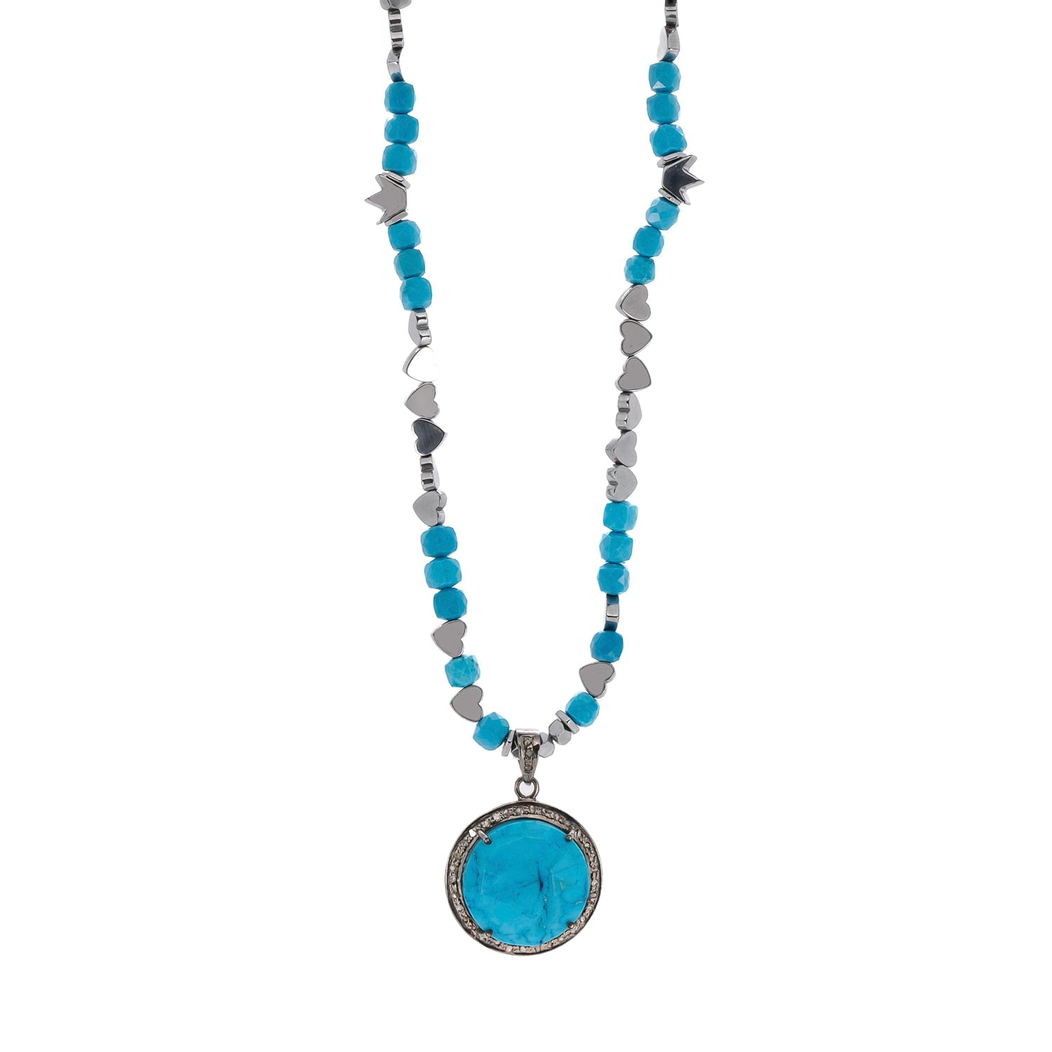 Pave Diamond & Turquoise Gemstone Pendant Silver Heart Hematite Stone Beaded Necklace - Blue