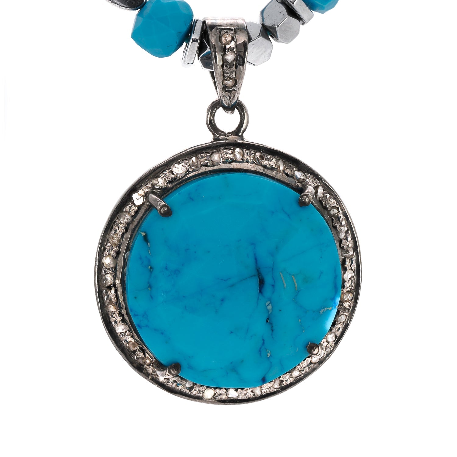 Pave Diamond & Turquoise Gemstone Pendant Silver Heart Hematite Stone Beaded Necklace - Blue