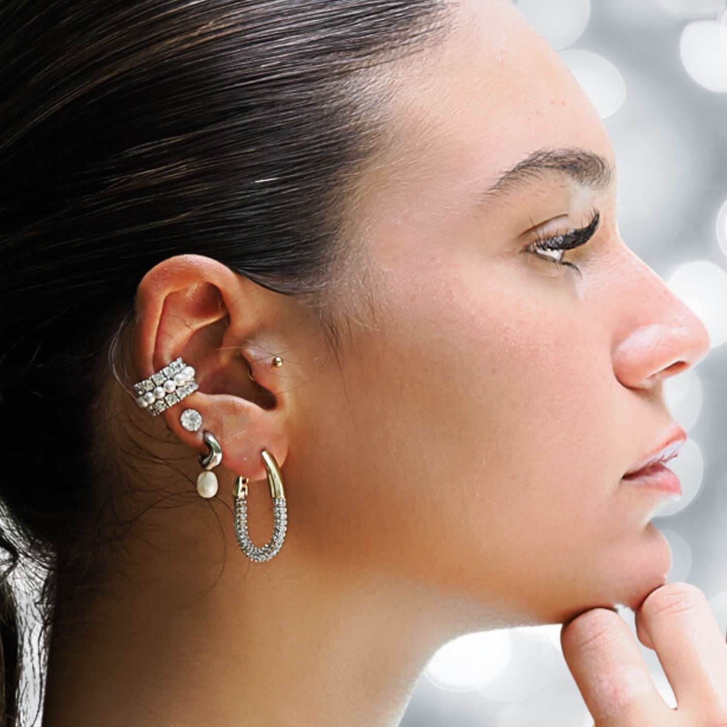 Pave Diamonds Gold Hoop Earrings - Silver