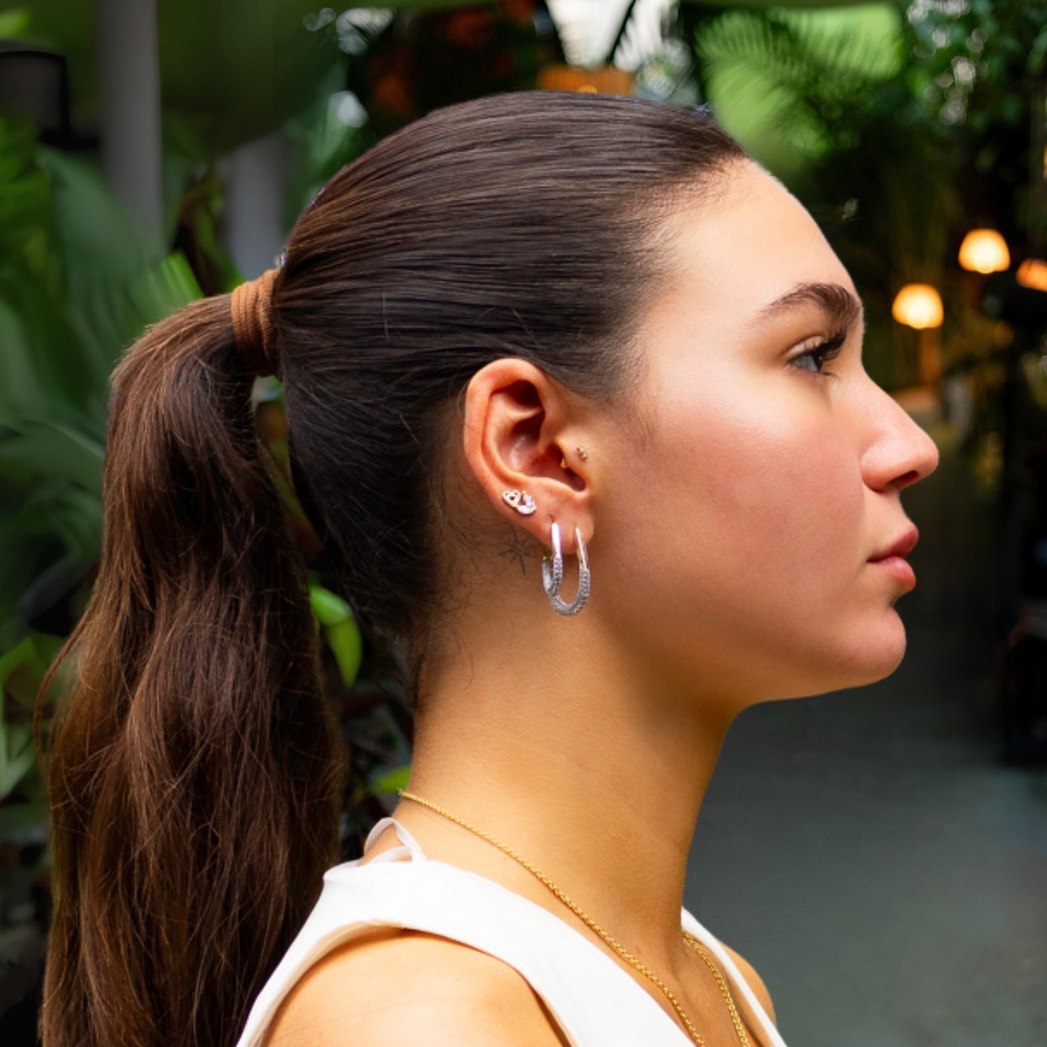 Pave Diamonds Gold Hoop Mid Size Earrings - Silver