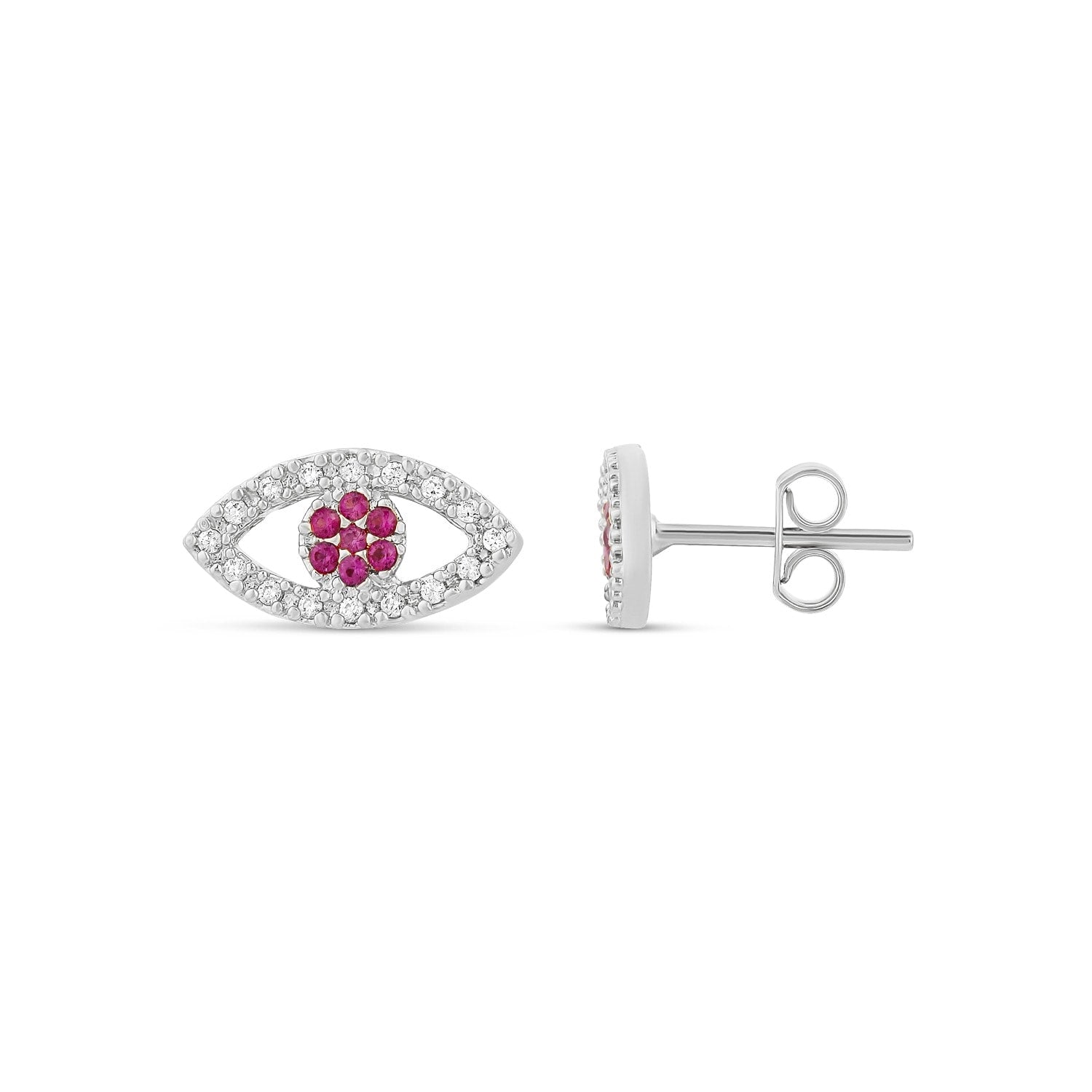 Pave Evil Eye Studs - Silver And Pink