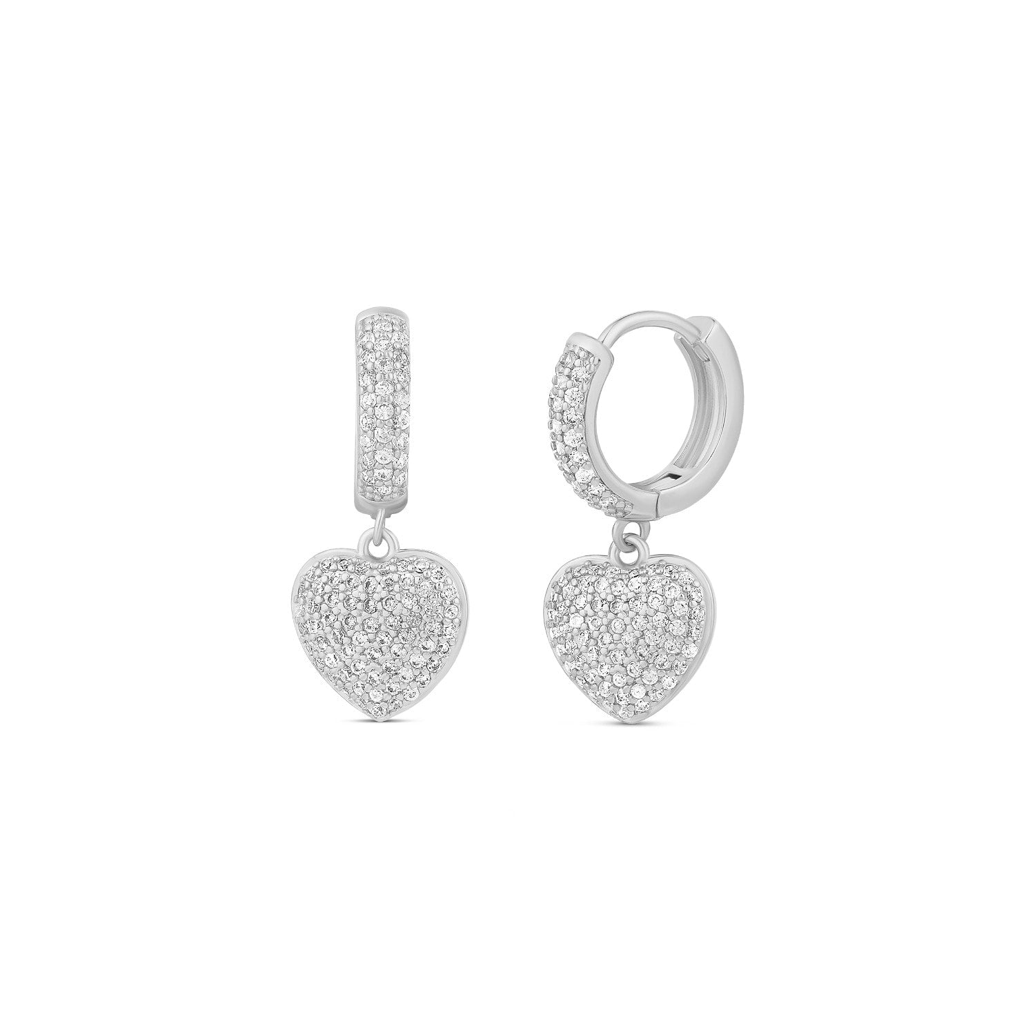 Pave Heart Dangling Earrings - Silver