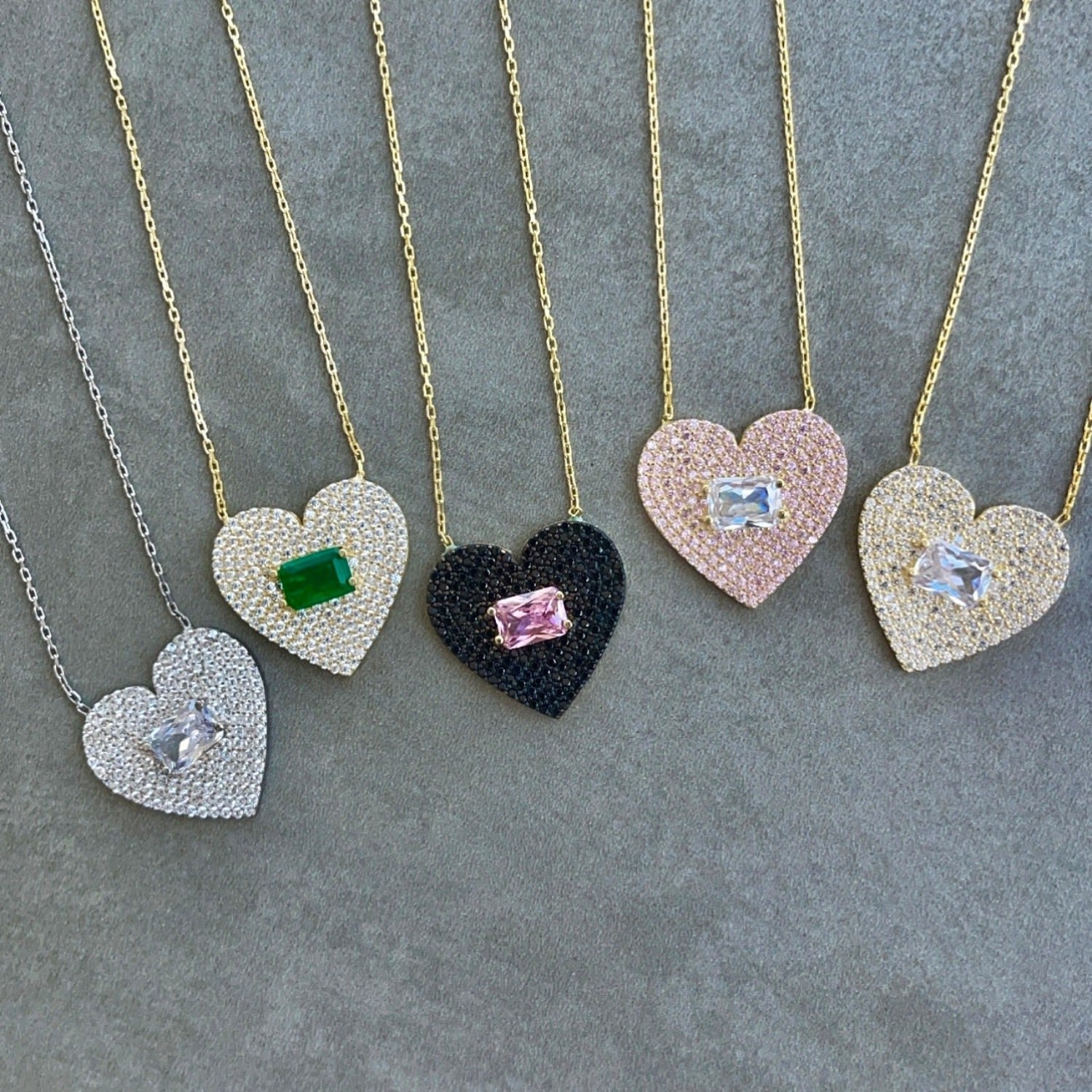 Pave Heart & Stone Necklace - Gold & Green