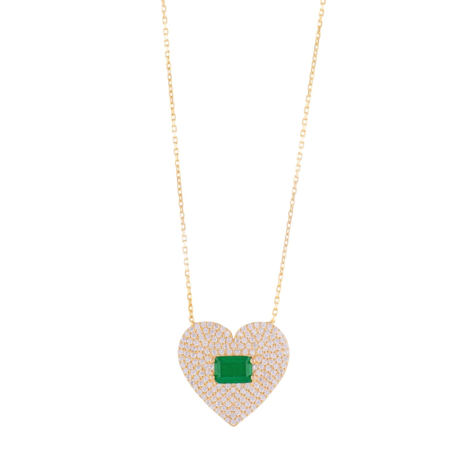 Pave Heart & Stone Necklace - Gold & Green