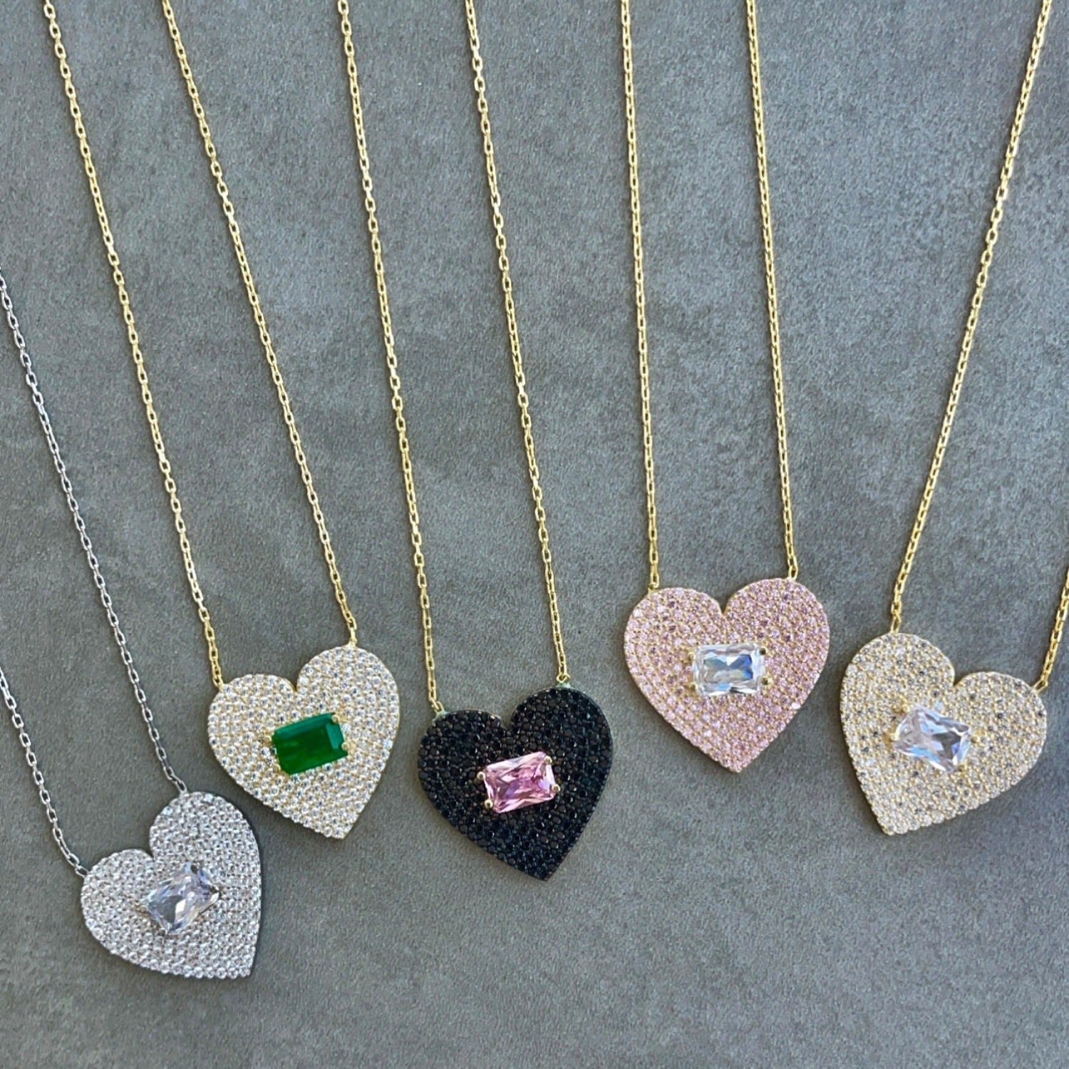 Pave Heart & Stone Necklace - Gold & Pink