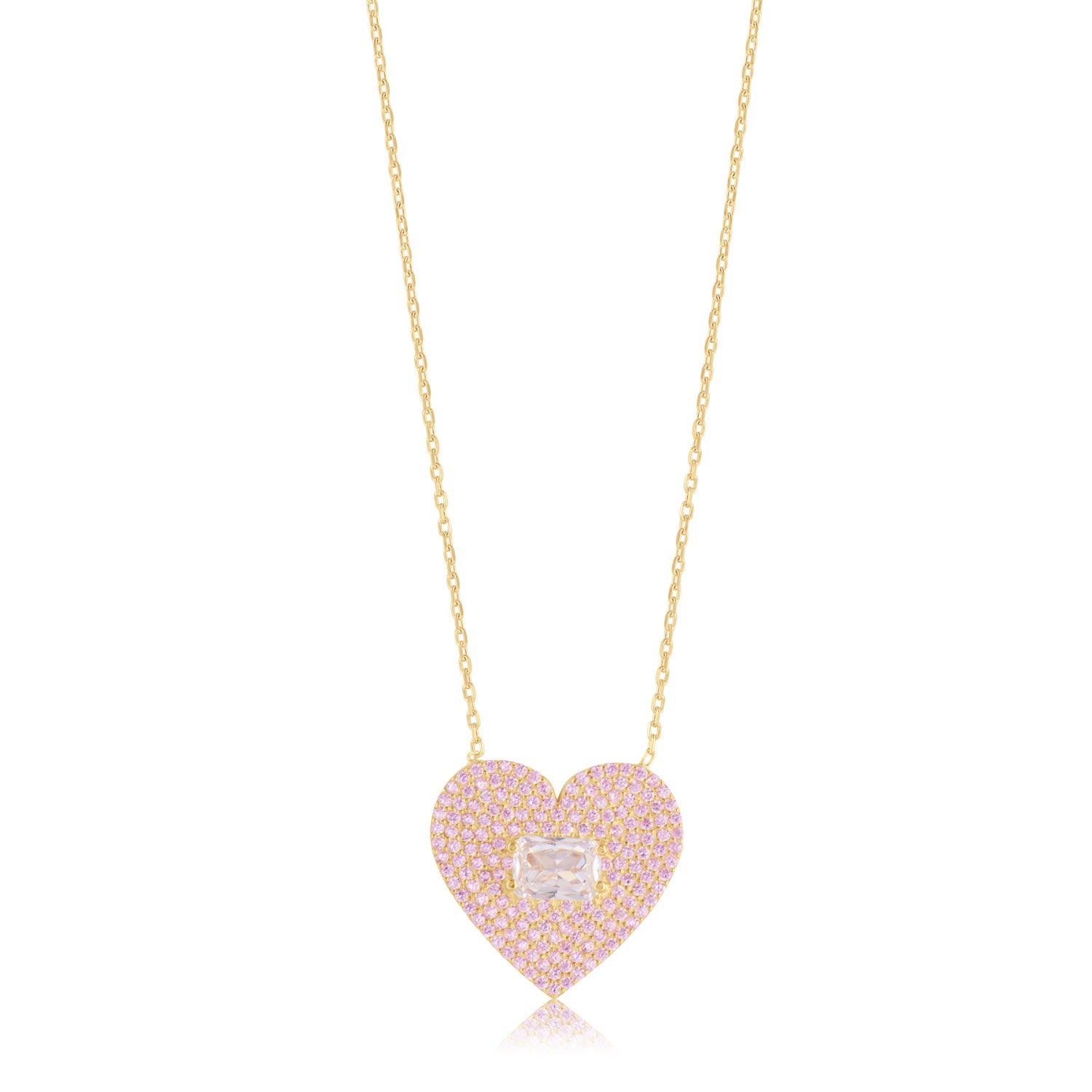 Pave Heart & Stone Necklace - Gold & Pink