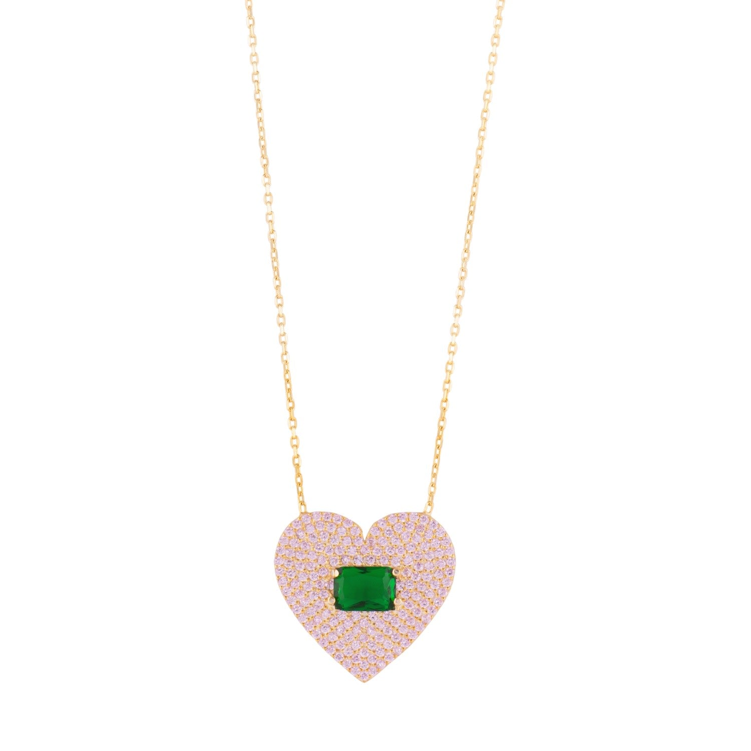 Pave Heart & Stone Necklace - Green & Pink