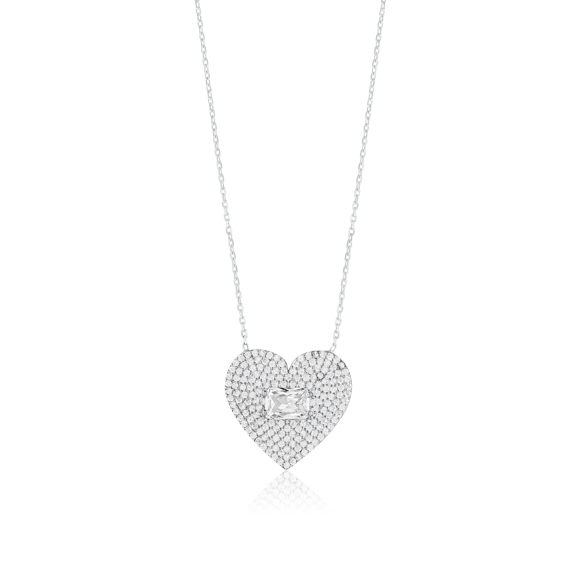 Pave Heart & Stone Necklace - Silver