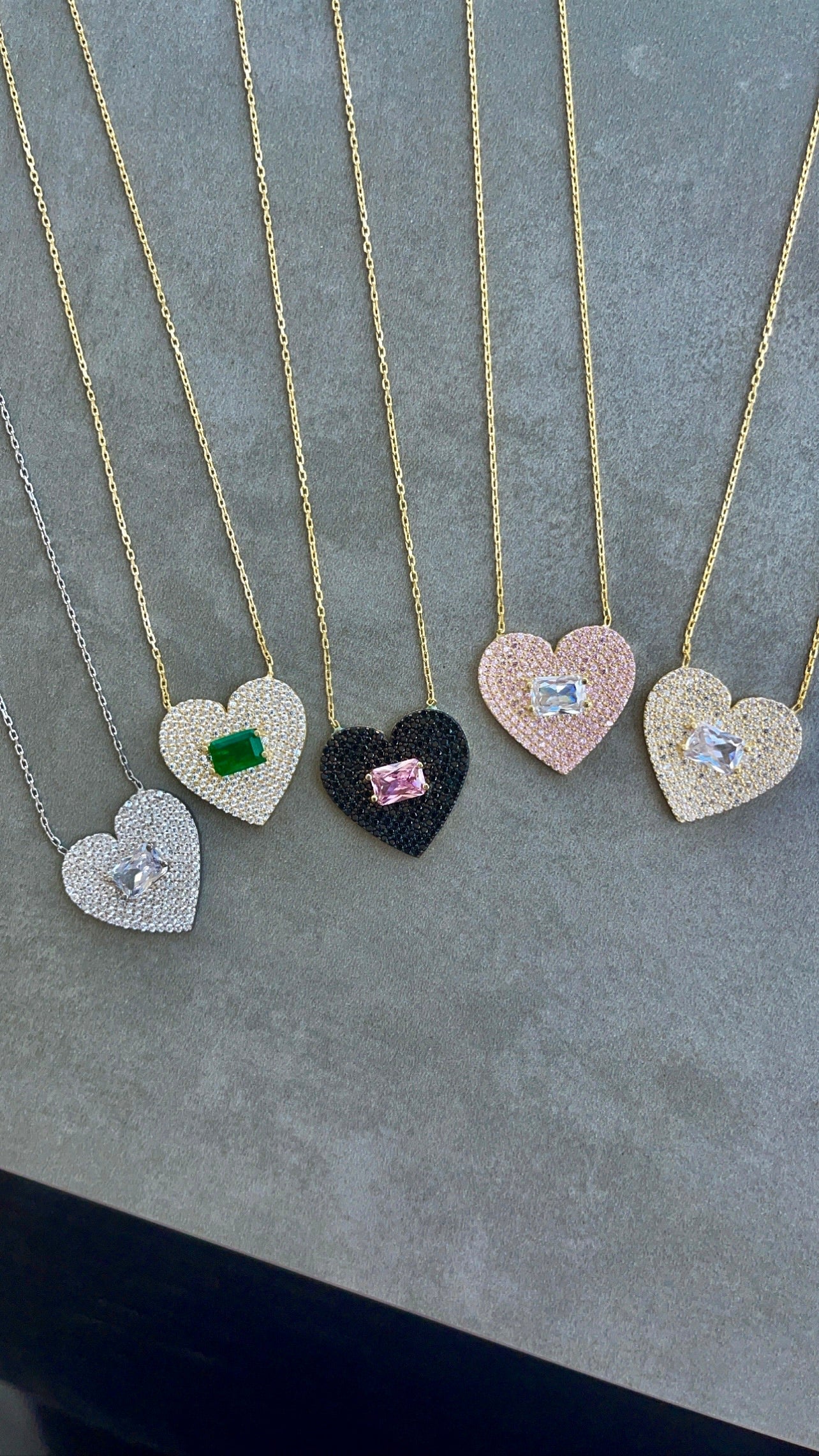 Pave Heart & Stone Necklace - Silver