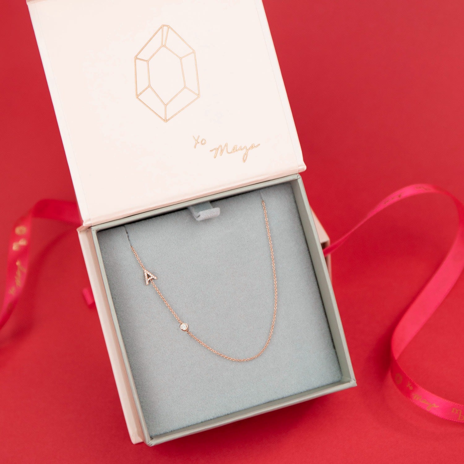 Pavé Monogram Necklace With Diamond 14K Rose Gold - 16"