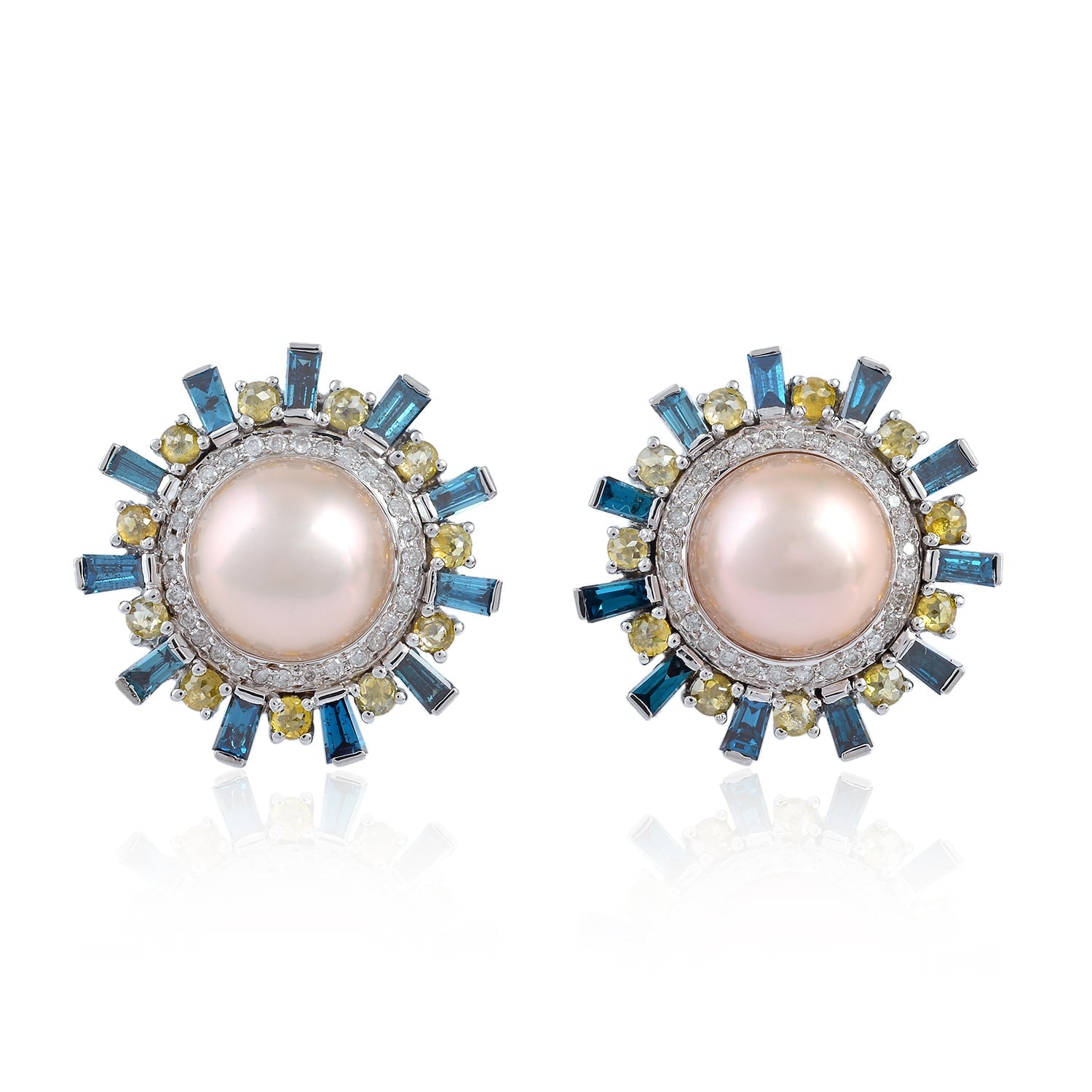 Pave Multicolor Diamond Stud Earrings With Pearl Center – White Gold Fine Jewelry