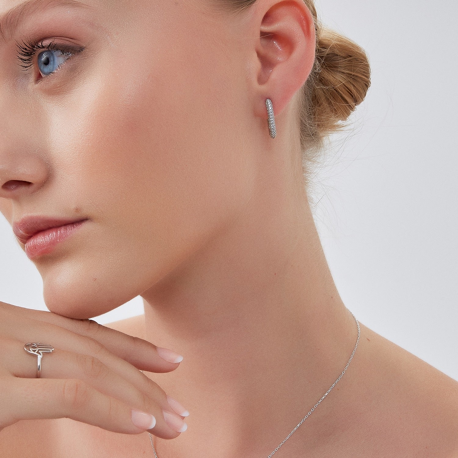 Pave Rectangular Sterling Silver Oval Hoop Earring Silver