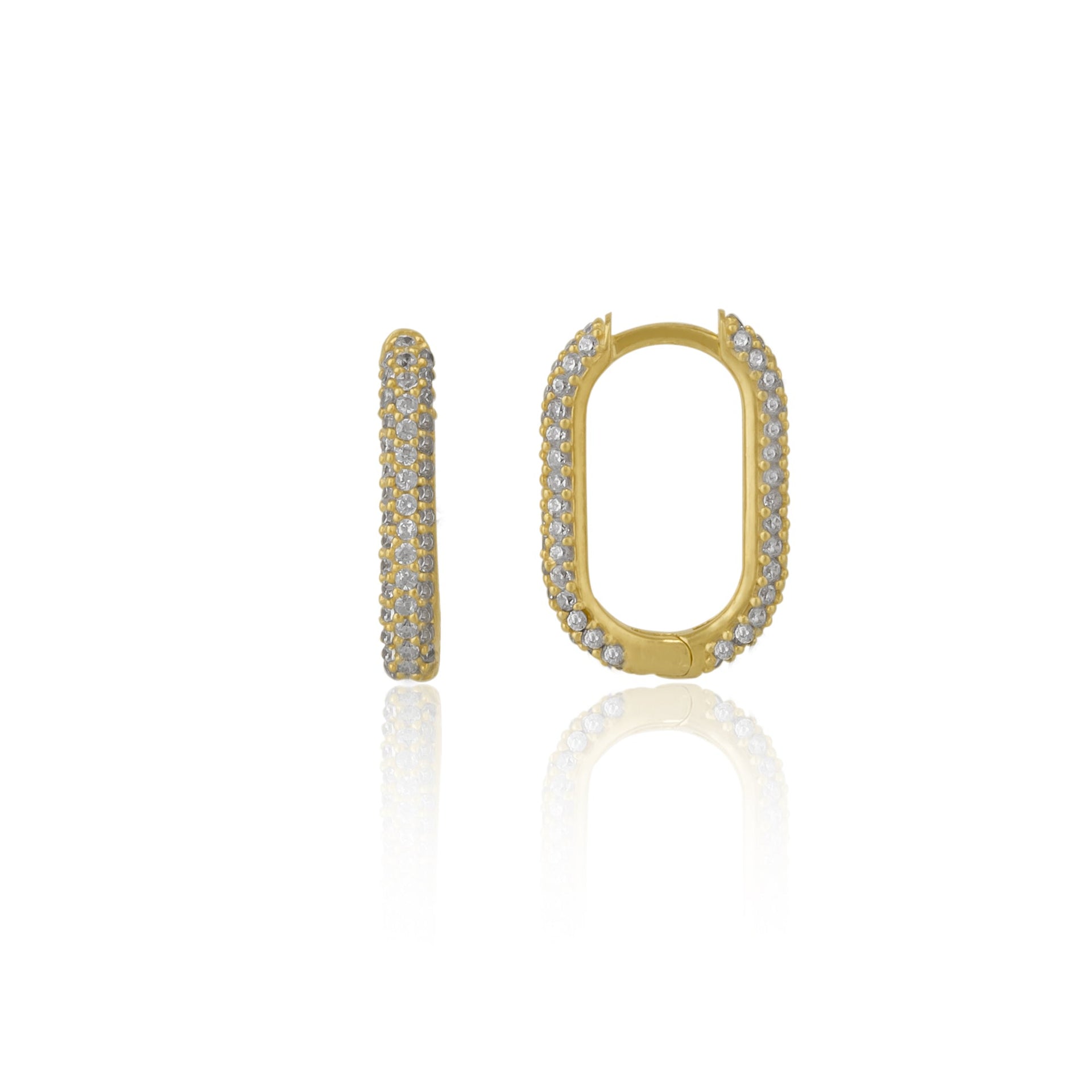 Pave Rectangular Sterling Silver Oval Hoop Earring - Gold